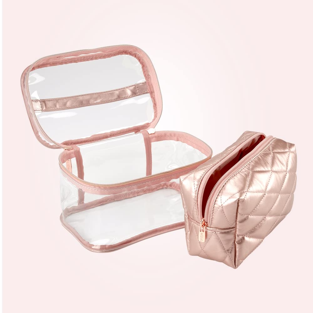 image:imageConair Travel Makeup Bag Large Toiletry and Cosmetic Bag Perfect Size for Use At Home or Travel Two Piece Train Case Set in Rose Pink Metallic Quilt