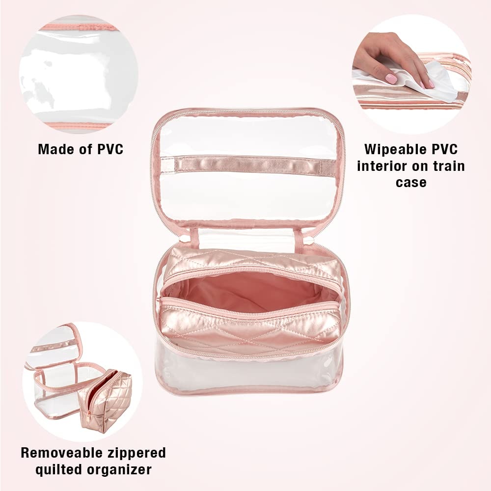 image:imageConair Travel Makeup Bag Large Toiletry and Cosmetic Bag Perfect Size for Use At Home or Travel Two Piece Train Case Set in Rose Pink Metallic Quilt