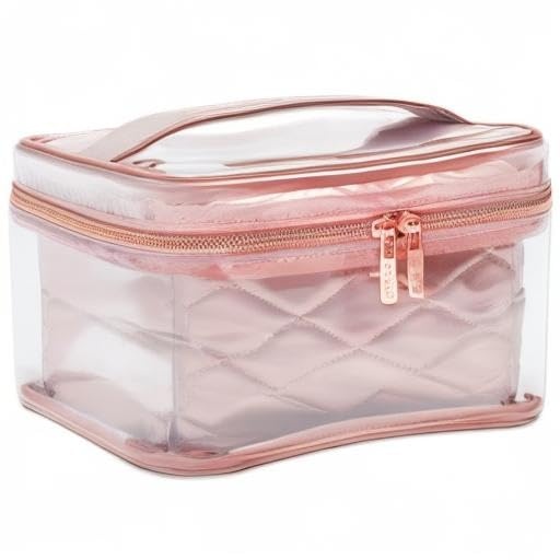 image:imageConair Travel Makeup Bag Large Toiletry and Cosmetic Bag Perfect Size for Use At Home or Travel Two Piece Train Case Set in Rose Pink Metallic Quilt
