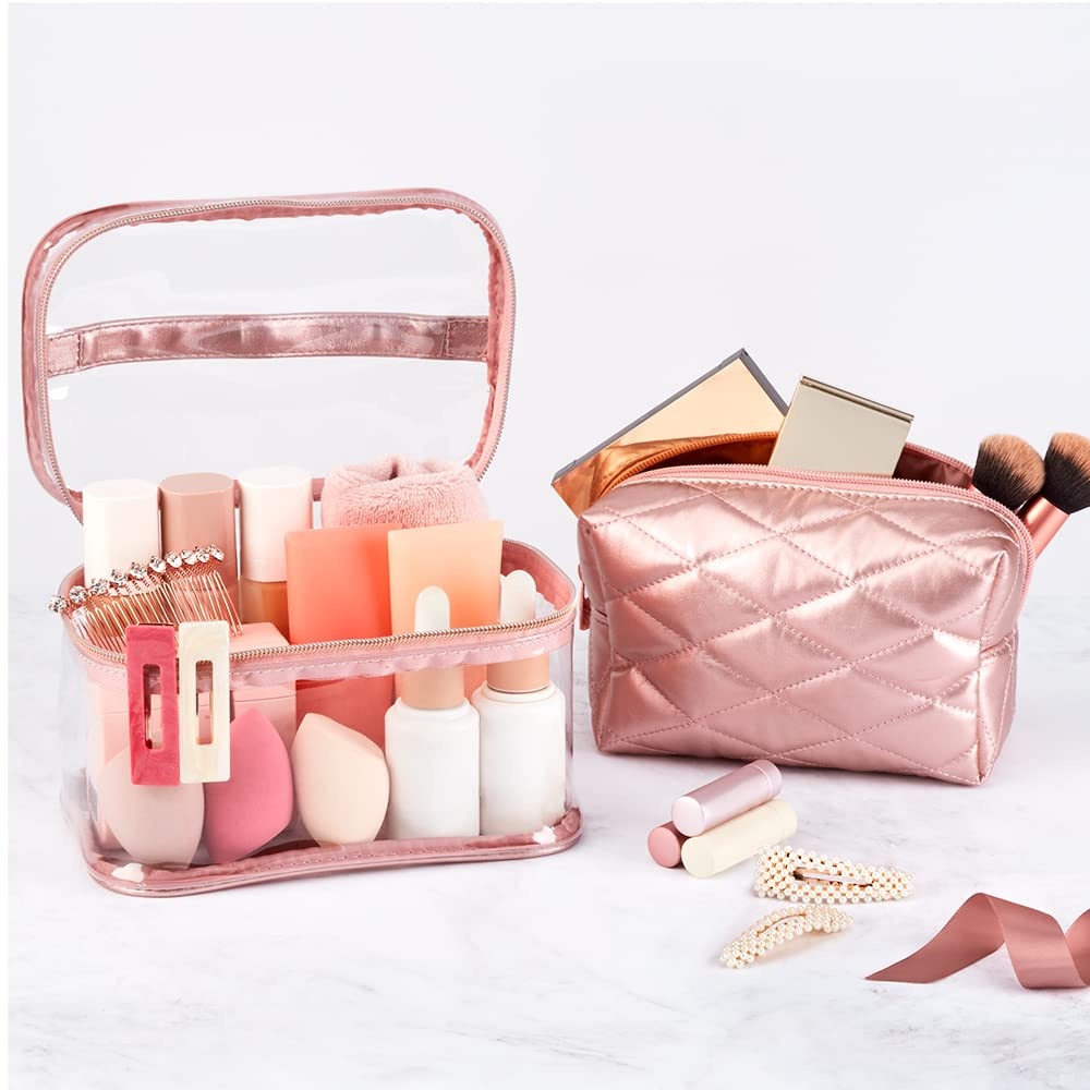 image:imageConair Travel Makeup Bag Large Toiletry and Cosmetic Bag Perfect Size for Use At Home or Travel Two Piece Train Case Set in Rose Pink Metallic Quilt