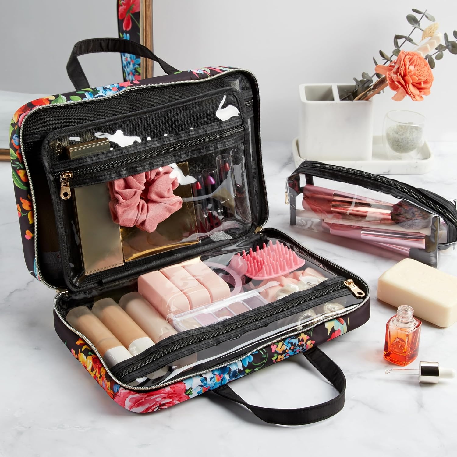 image:imageConair Travel Toiletry Bag Makeup Bag Cosmetic Bag Travel Makeup BagBlack Floral