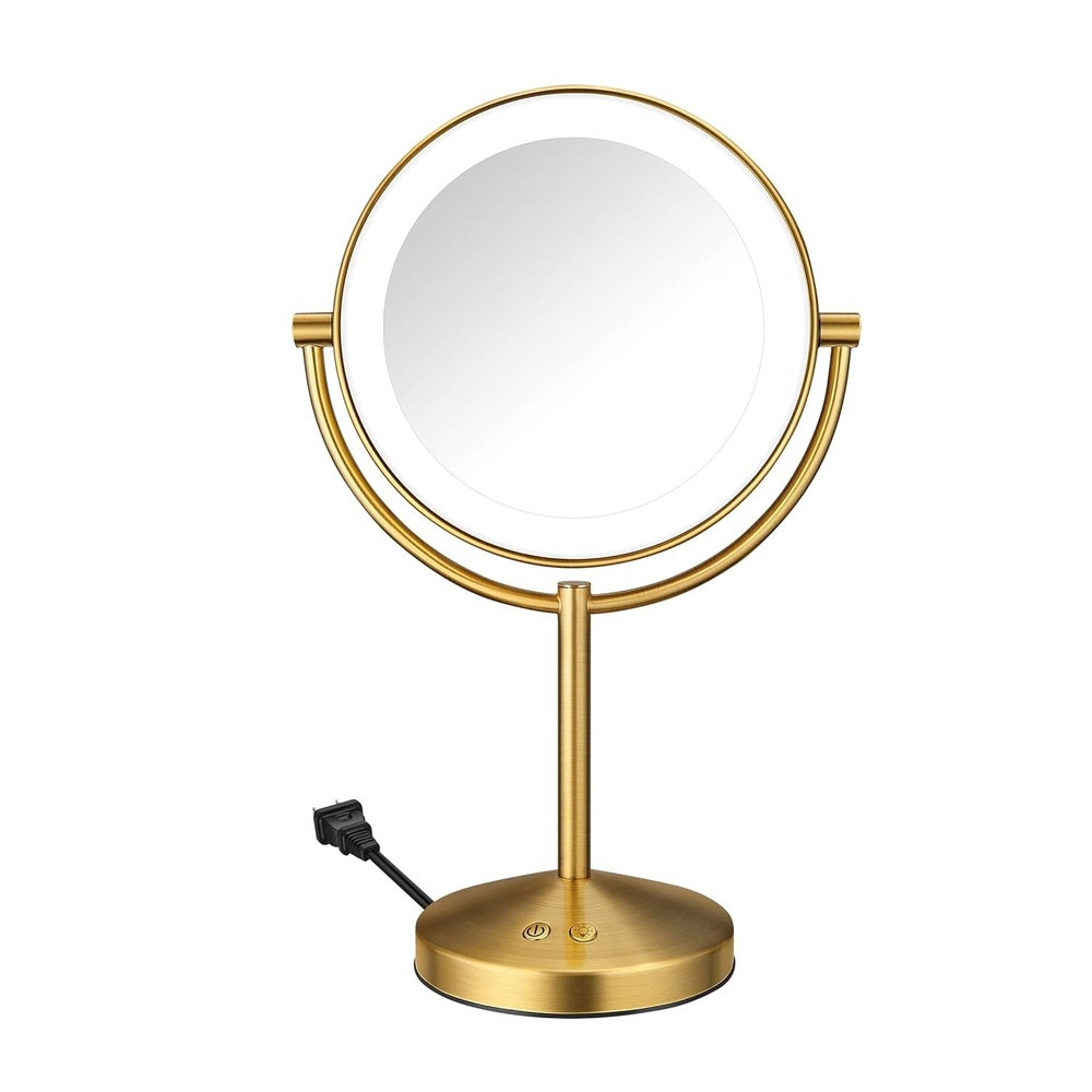 image:imageConair DoubleSided 1X10X Magnifying LED Vanity Mirror 1X10X doublesided mirror with 3 LED color modes and 360 rotation Satin Nickel Model BE401X23Brushes Brass