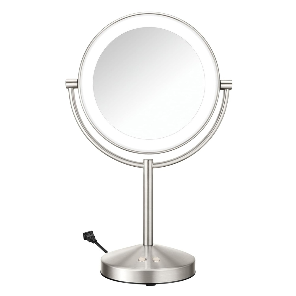 image:imageConair DoubleSided 1X10X Magnifying LED Vanity Mirror 1X10X doublesided mirror with 3 LED color modes and 360 rotation Satin Nickel Model BE401X23Satin Nickel