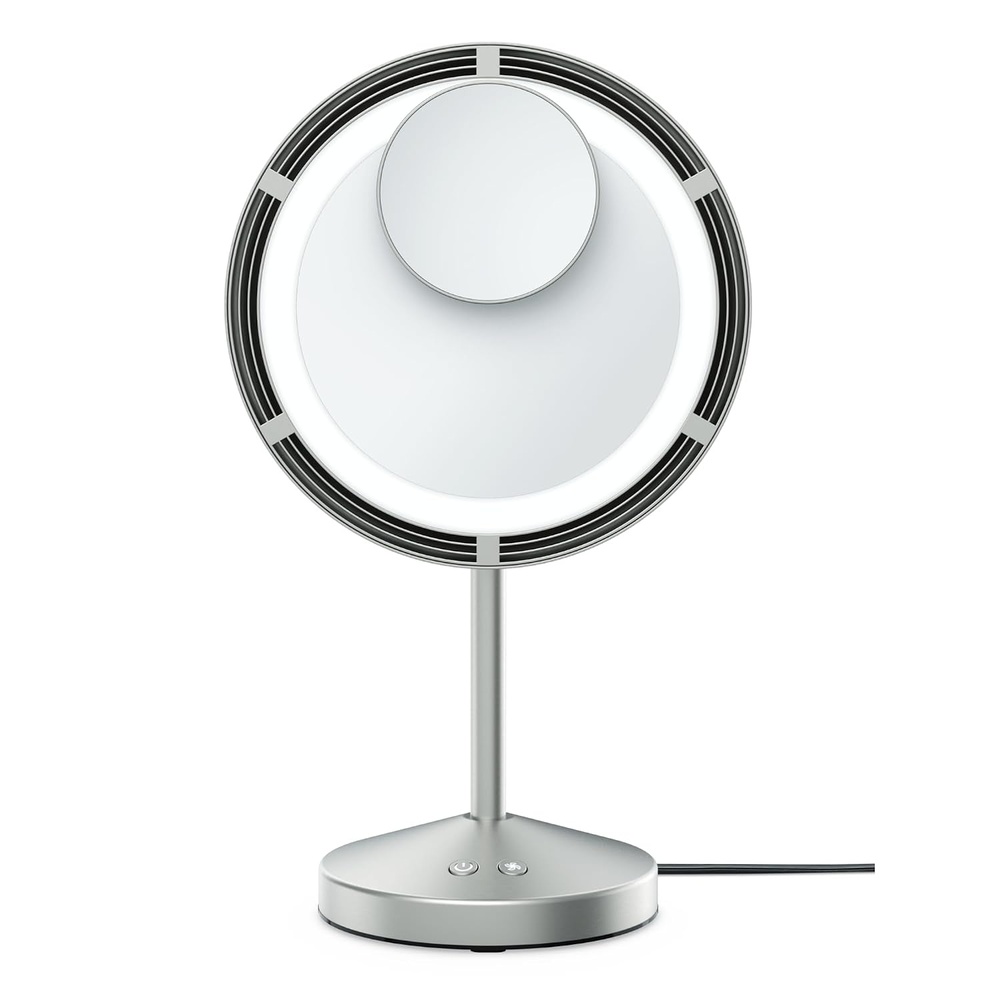 image:imageConair LEDLighted Fan Makeup Mirror with Spot Magnification Vanity Mirror with Lights and Fan with 3 Settings 63Inch Viewing Area Brushed Satin Nickel Finish