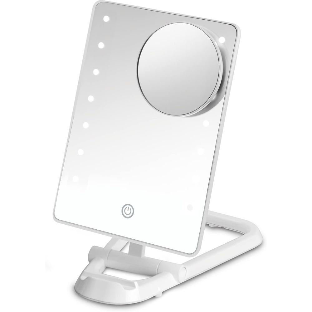 image:imageConair Lighted Makeup Mirror LED Vanity Mirror 1X5X Magnifying Mirror Foldable with Case Battery Operated and Rechargeable in WhiteWhite With Phone Holder