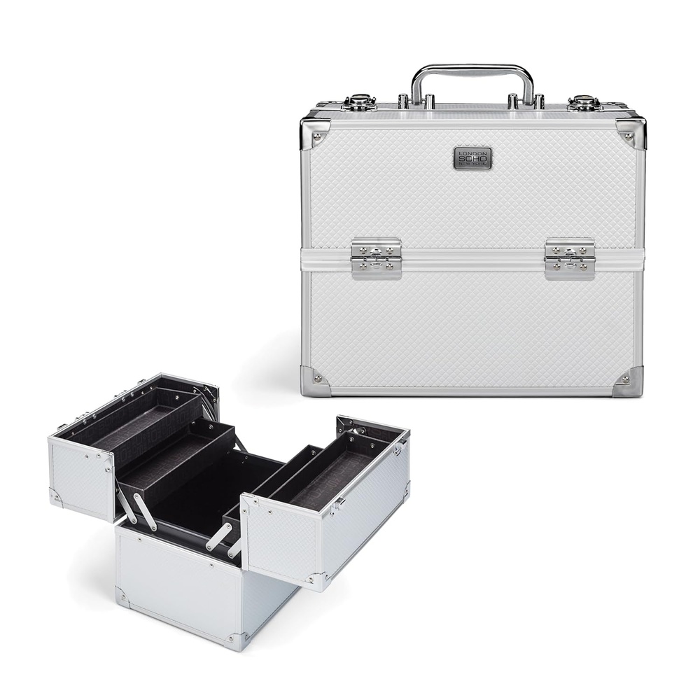 image:imageConair Makeup Beauty Case Cosmetic Case with Expandable Shelves and Locking Latch Professional makeup case Silver Diamond London SOHO New York by ConairSilver
