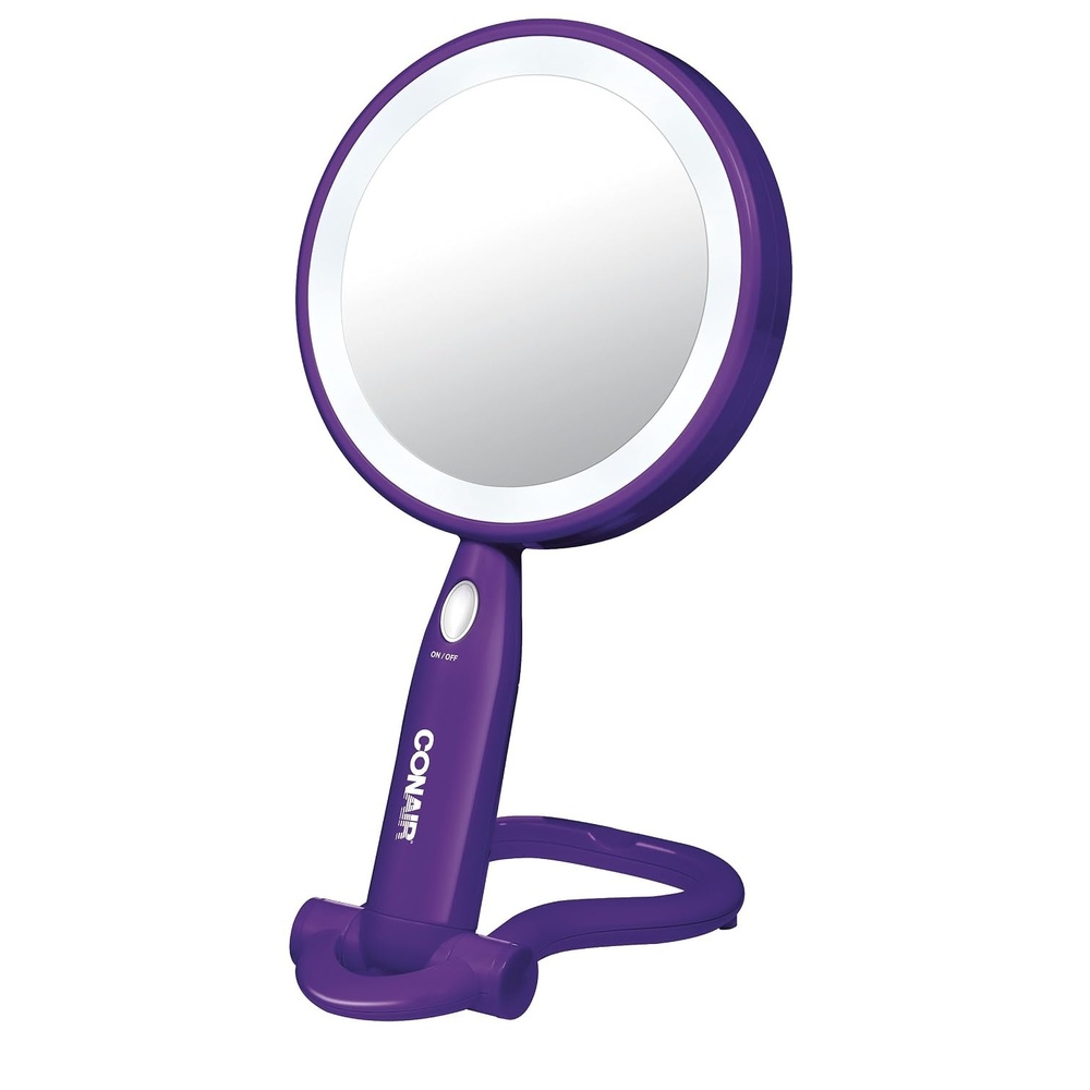 image:imageConair Plastic DoubleSided Lighted Makeup Mirror Lighted Vanity Makeup Mirror with LED Lights 1x3x magnification White compact great for travelPurple