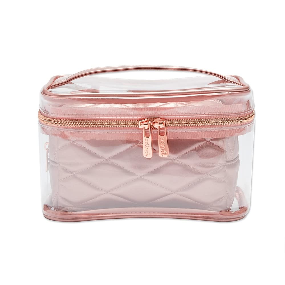 image:imageConair Travel Makeup Bag Large Toiletry and Cosmetic Bag Perfect Size for Use At Home or Travel Two Piece Train Case Set in Rose Pink Metallic Quilt