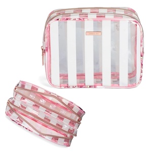 Conair 5 Piece Toiletry and Cosmetic Bag Set Under $30, Includes 1 Large Weekender Bag and 4 Organizer Bags in Blue Swirl Prints (Pack of 2)(Pink / White Stripe)