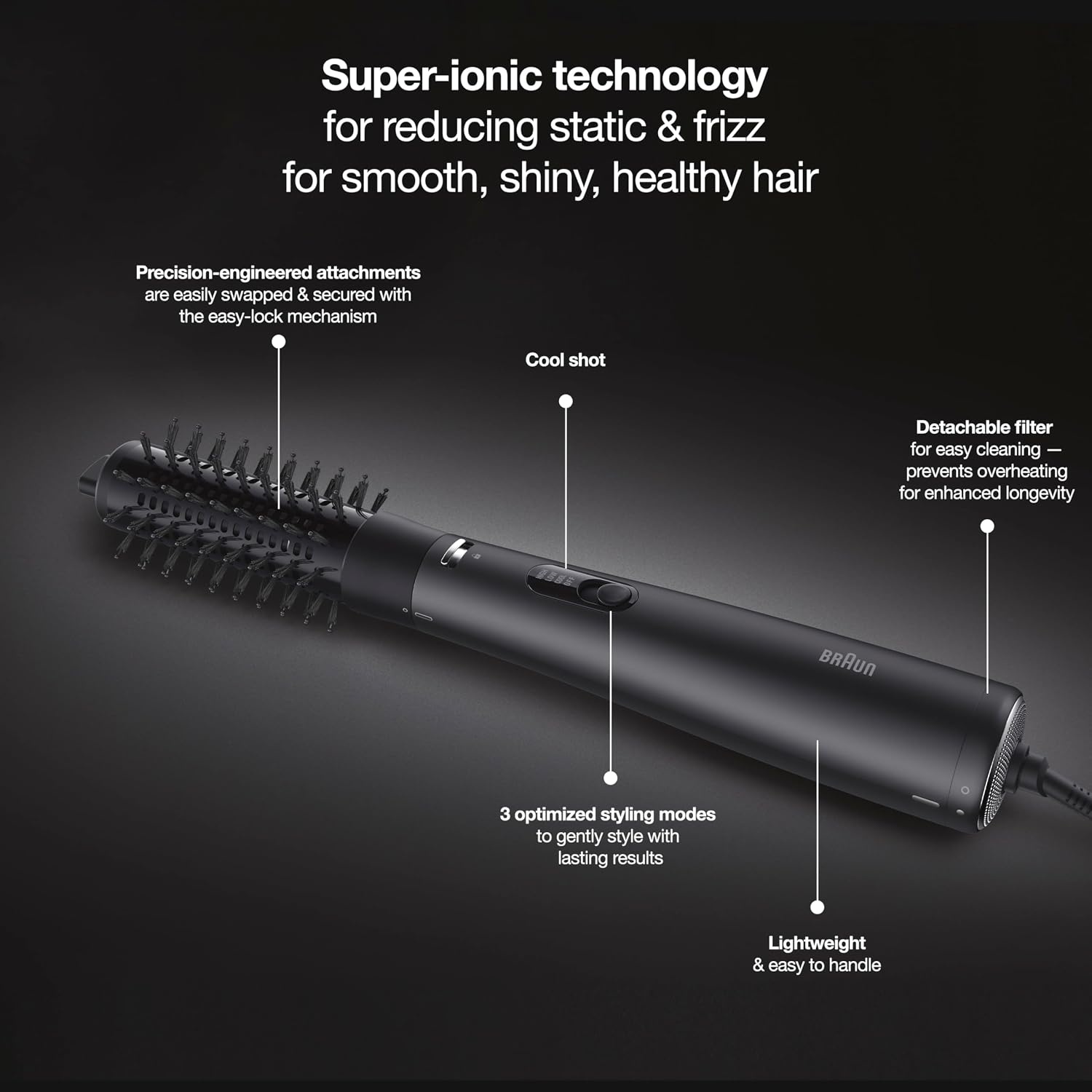 image:imageBraun 2in1 Blow Dryer Brush with 3 Attachments WettoDry Hot Air Styler for All Hair Types Volumize or StraightenBlack