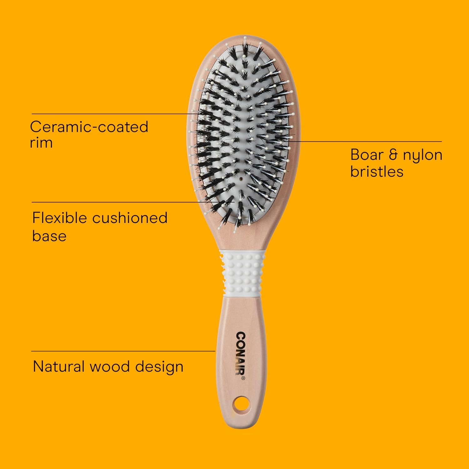 image:imageCONAIR Ceramic Wood Nylon amp Boar Bristle Cushion Hair Brush hairbrush for women reduce frizz and add shine natural wood handle for all hair types