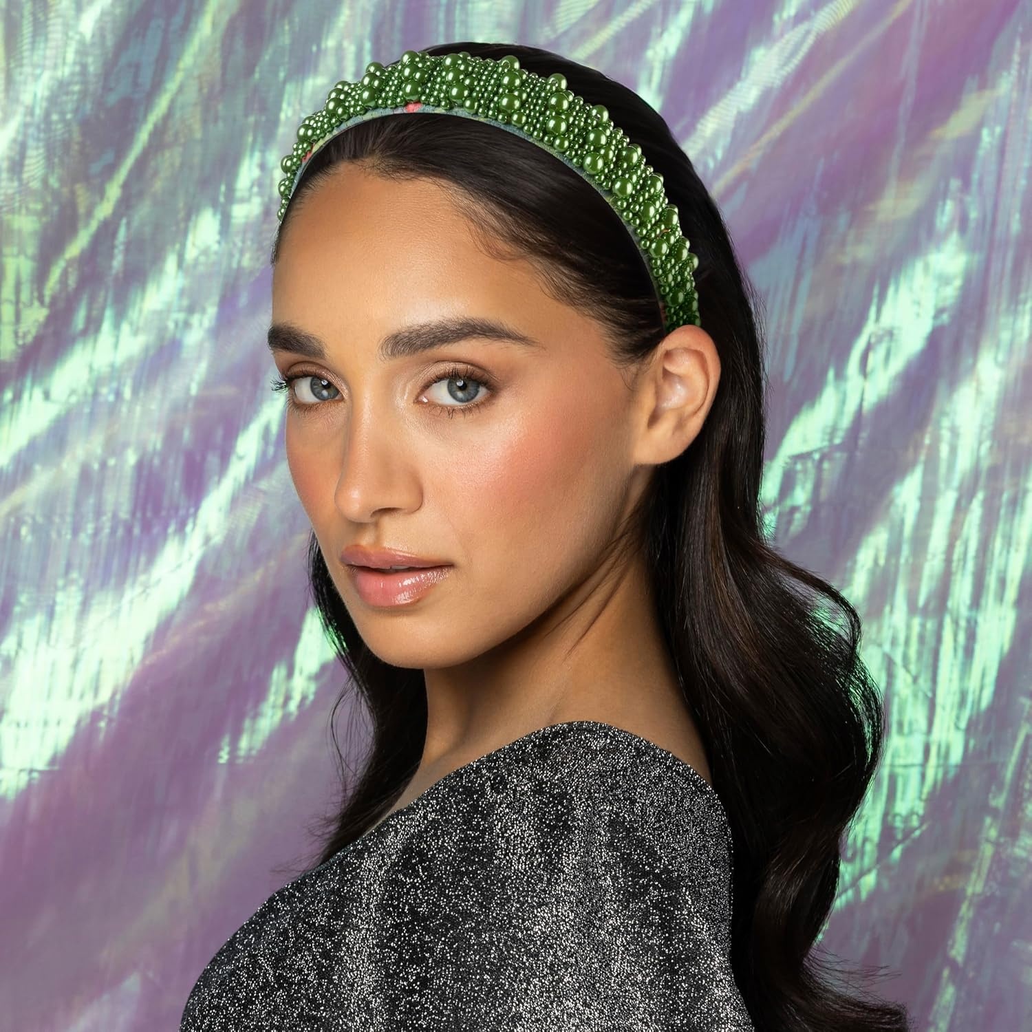 image:imageCONAIR Wicked 2 Elphaba Green Satin Twisted Spa bubble Headband ideal for washing face and applying makeup gifts for her ScunciEmerald Poppy Green