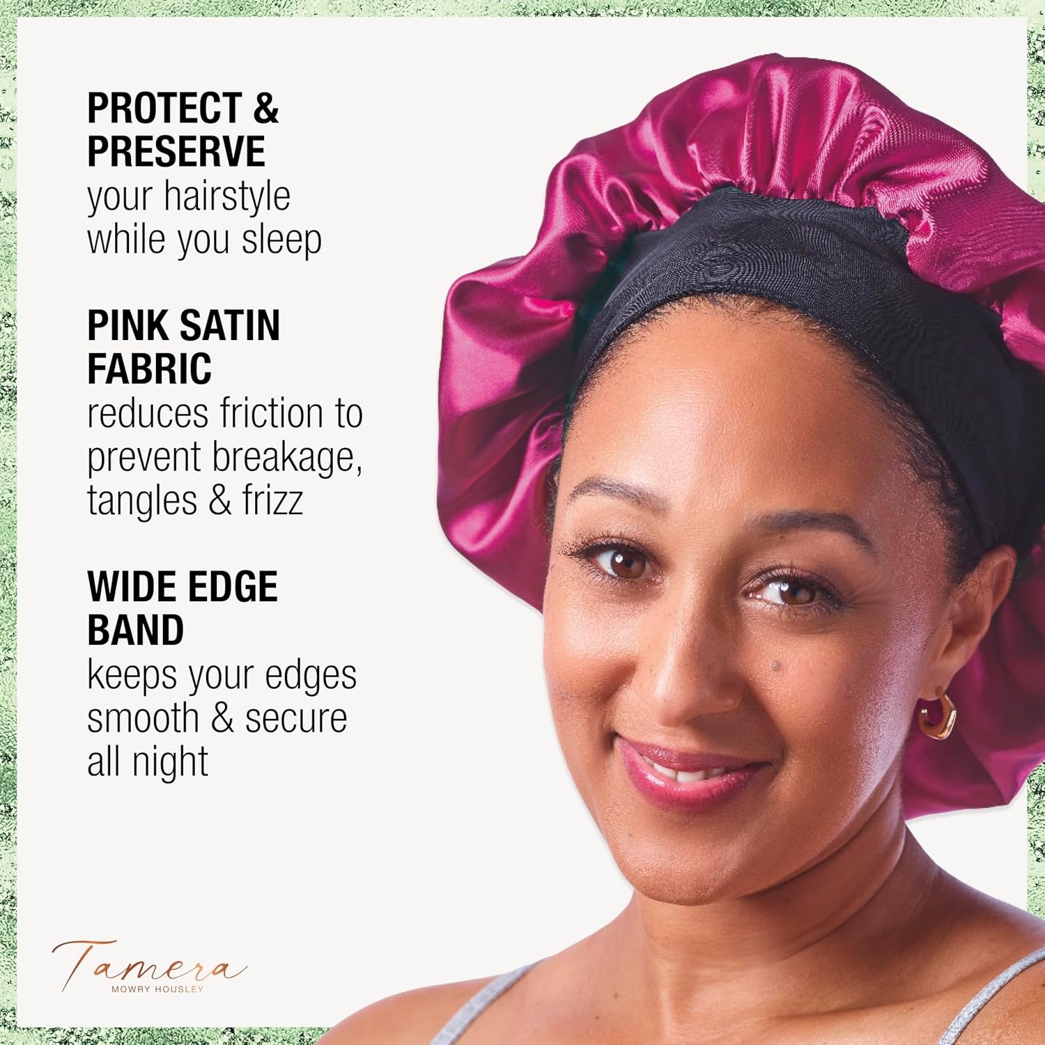 image:imageCONAIR x Tamera Mowry Collection Satin Swirl Print Hair Bonnet with bonus Curl Definition Brush Nylon Bristle hairbrush curl smoothing hair brush features removable bristles tie hair capPink Bonnet WPillowcase