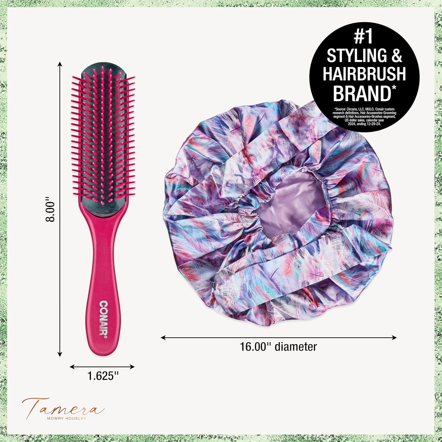 image:imageCONAIR x Tamera Mowry Collection Satin Swirl Print Hair Bonnet with bonus Curl Definition Brush Nylon Bristle hairbrush curl smoothing hair brush features removable bristles tie hair capPurplePinkBlue Swirl Bonnet Brush