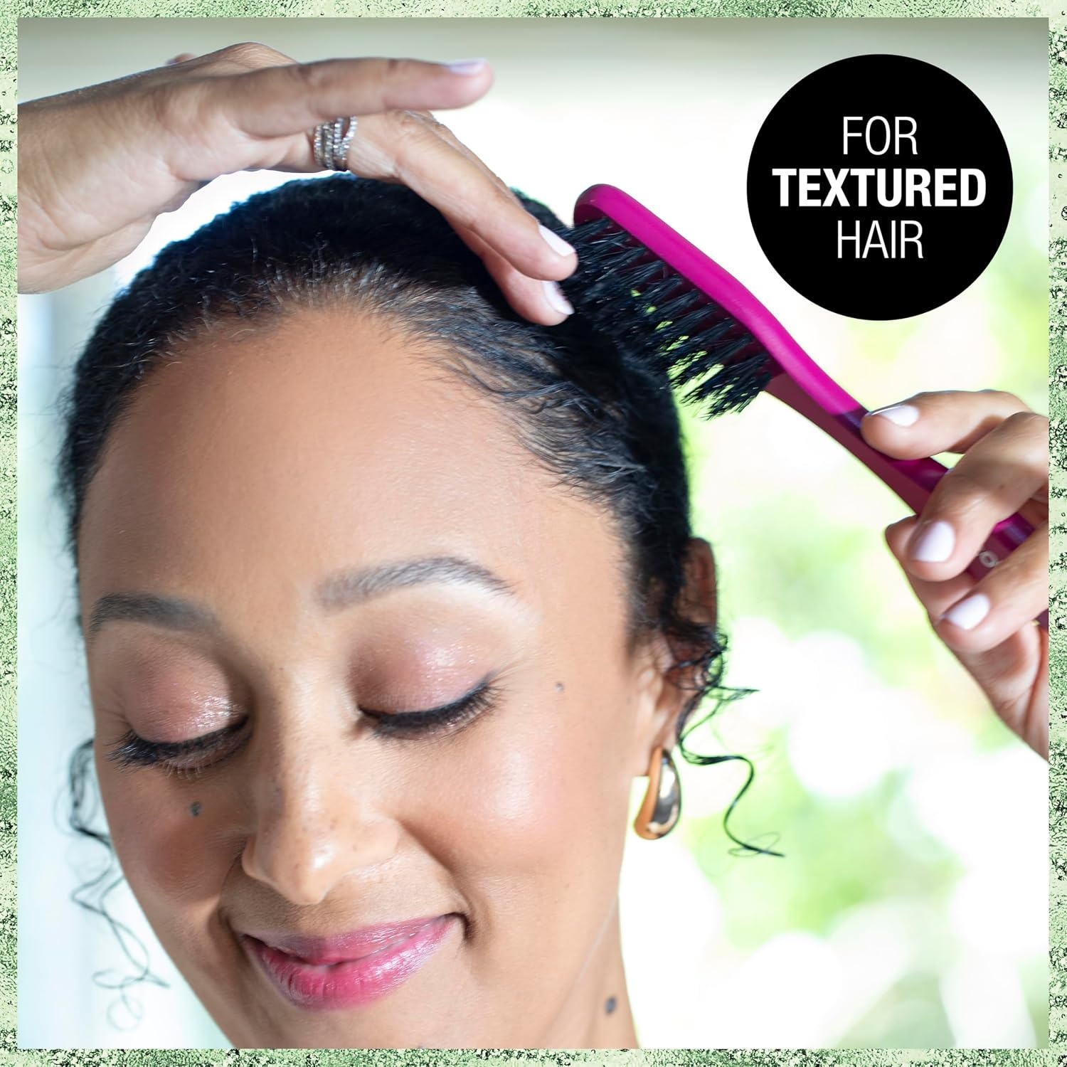 image:imageCONAIR x Tamera Mowry Collection Satin Swirl Print Hair Bonnet with bonus Curl Definition Brush Nylon Bristle hairbrush curl smoothing hair brush features removable bristles tie hair capPink 3in1 comb