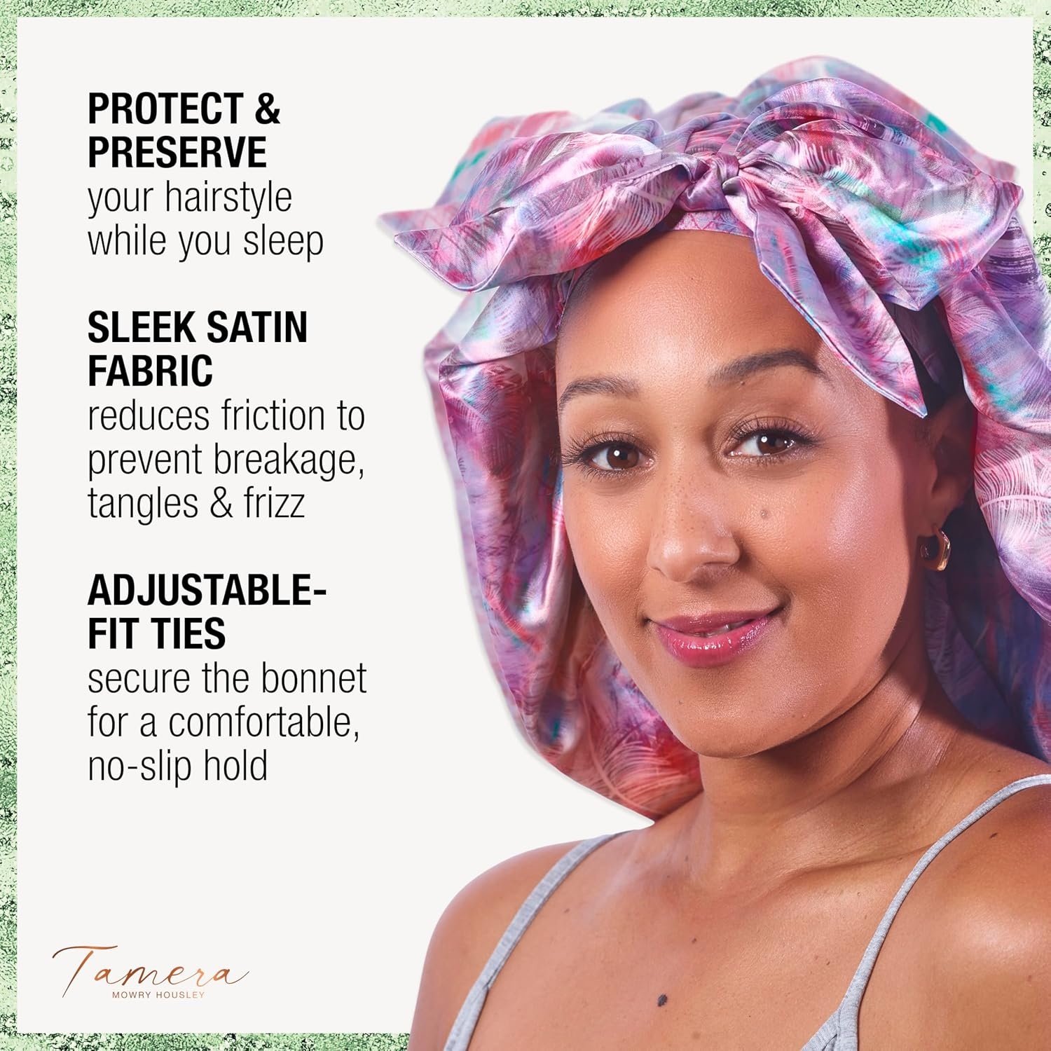 image:imageCONAIR x Tamera Mowry Collection Satin Swirl Print Hair Bonnet with bonus Curl Definition Brush Nylon Bristle hairbrush curl smoothing hair brush features removable bristles tie hair capPurplePinkBlue Swirl Bonnet Brush