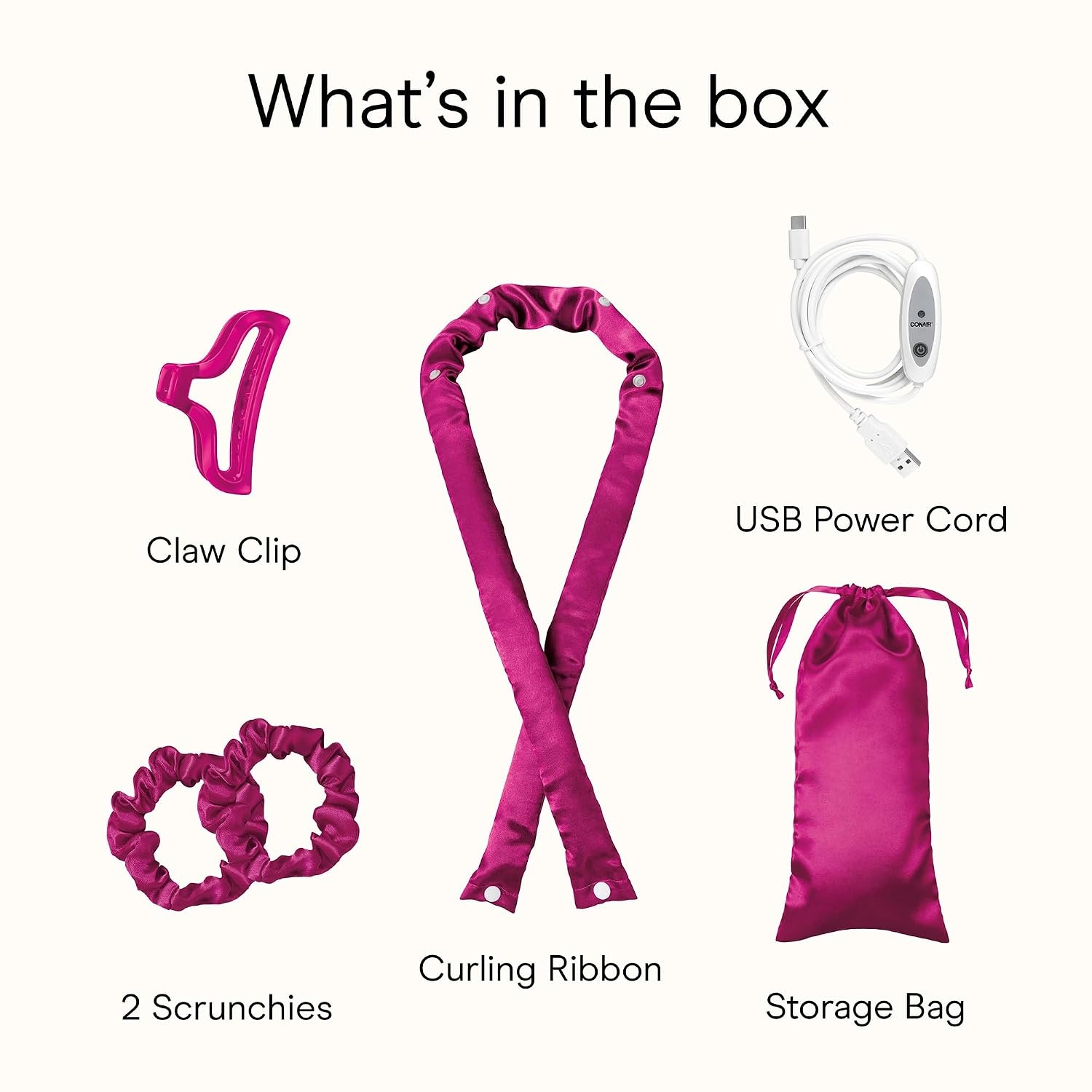 image:imageConair 2in1 Heat amp Heatless Hair Curler Set Includes Satin Curling Ribbon Claw Clip 2 Scrunchies USB Cord and Satin Pouch Pink
