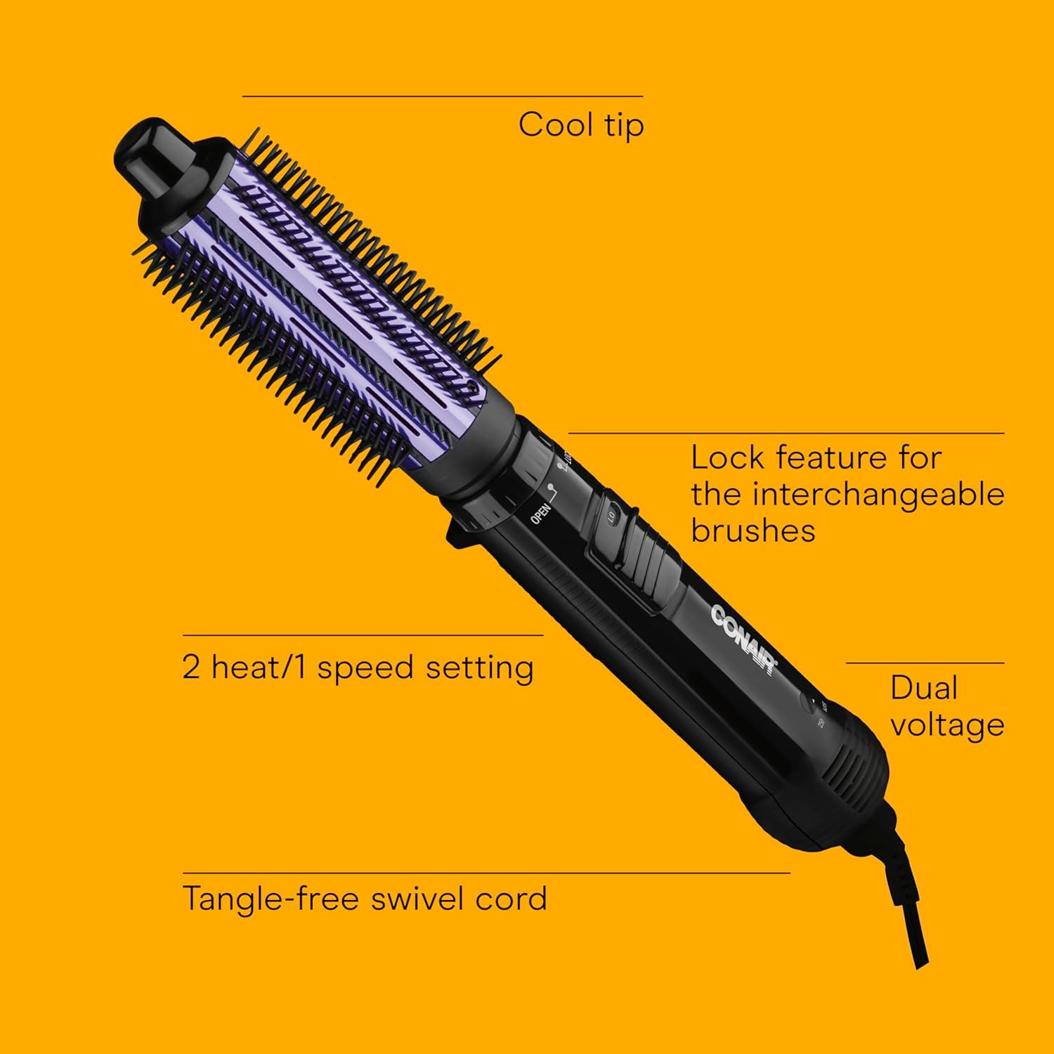image:imageConair 2in1 Hot Air Curling Combo Includes 15inch Curl Brush and 1inch Aluminum Bristle BrushBlack Purple