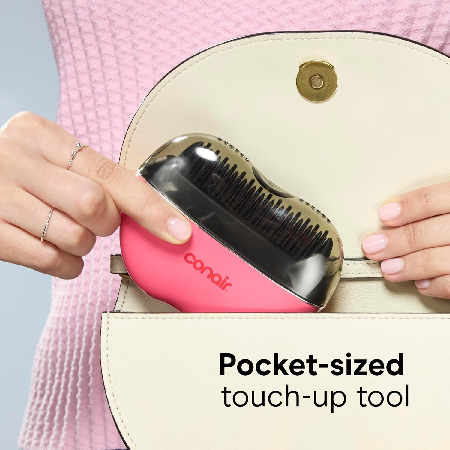 image:imageConair Ceramic Ionic Smoothing Brush Portable Frizz Control Styling Brush for Shine 2 Heat Settings up to 360F USBC Rechargeable TravelFriendly with Protective Cover Hot PinkBlack CR80