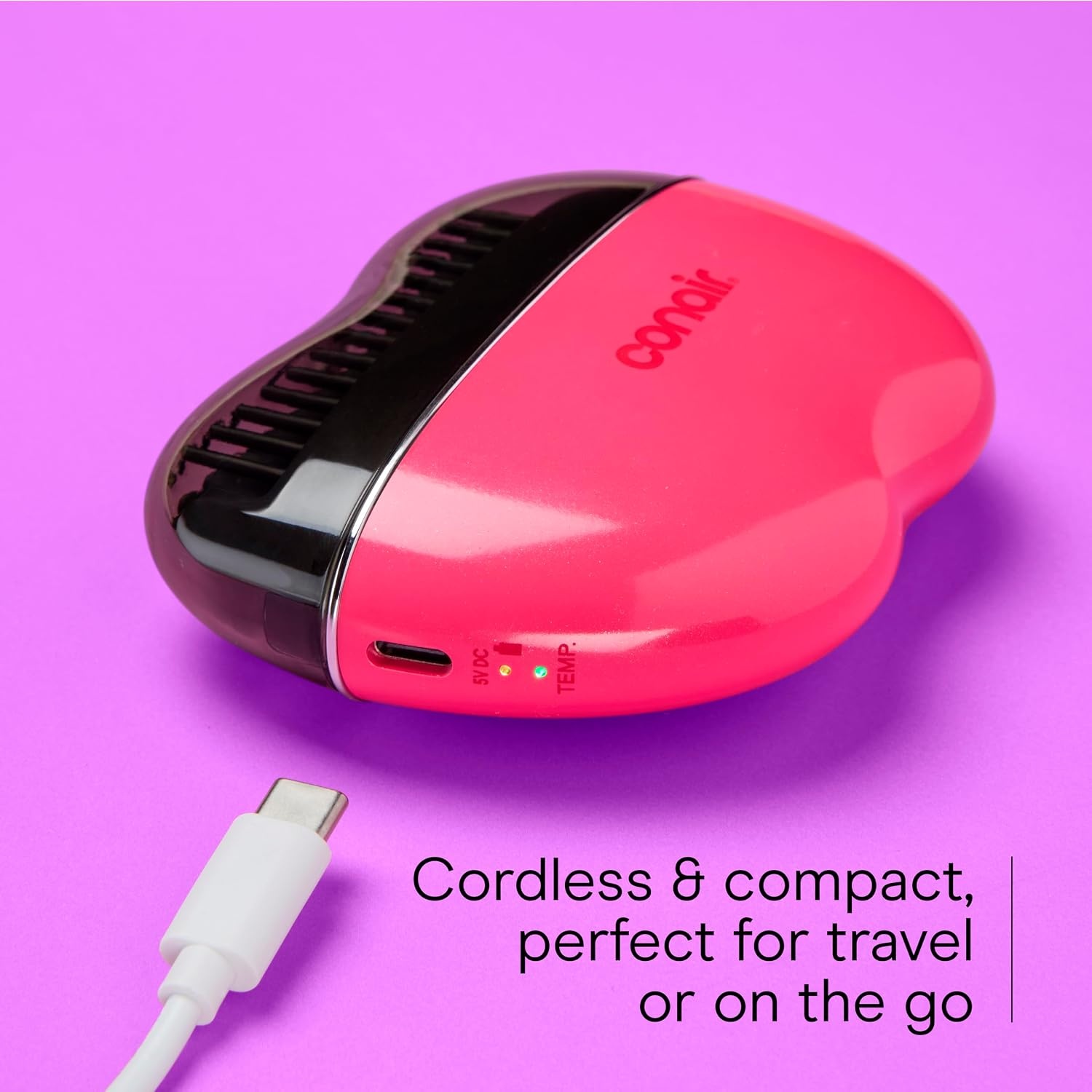 image:imageConair Ceramic Ionic Smoothing Brush Portable Frizz Control Styling Brush for Shine 2 Heat Settings up to 360F USBC Rechargeable TravelFriendly with Protective Cover Hot PinkBlack CR80