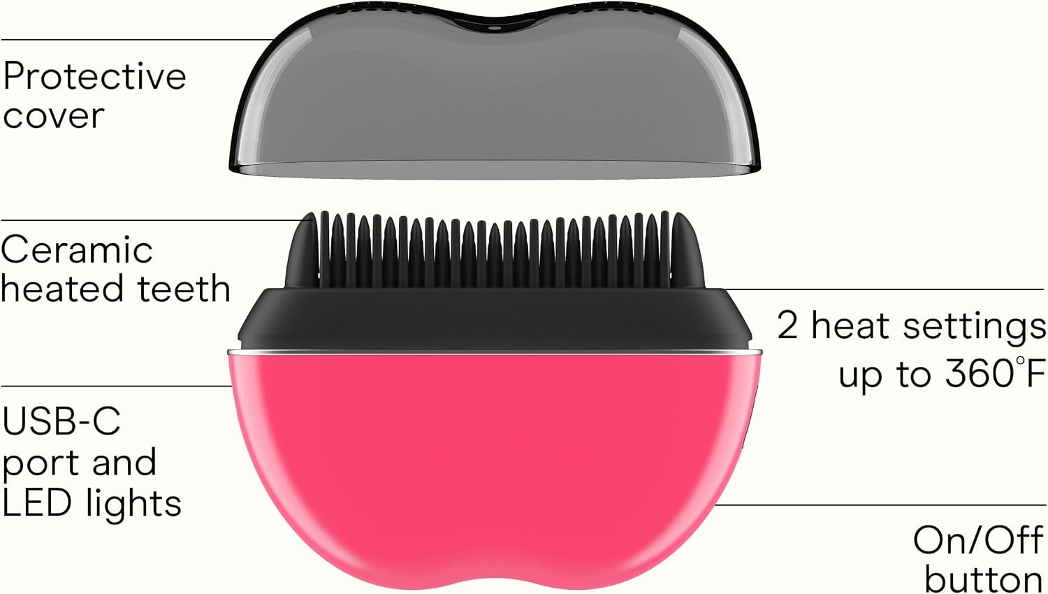 image:imageConair Ceramic Ionic Smoothing Brush Portable Frizz Control Styling Brush for Shine 2 Heat Settings up to 360F USBC Rechargeable TravelFriendly with Protective Cover Hot PinkBlack CR80