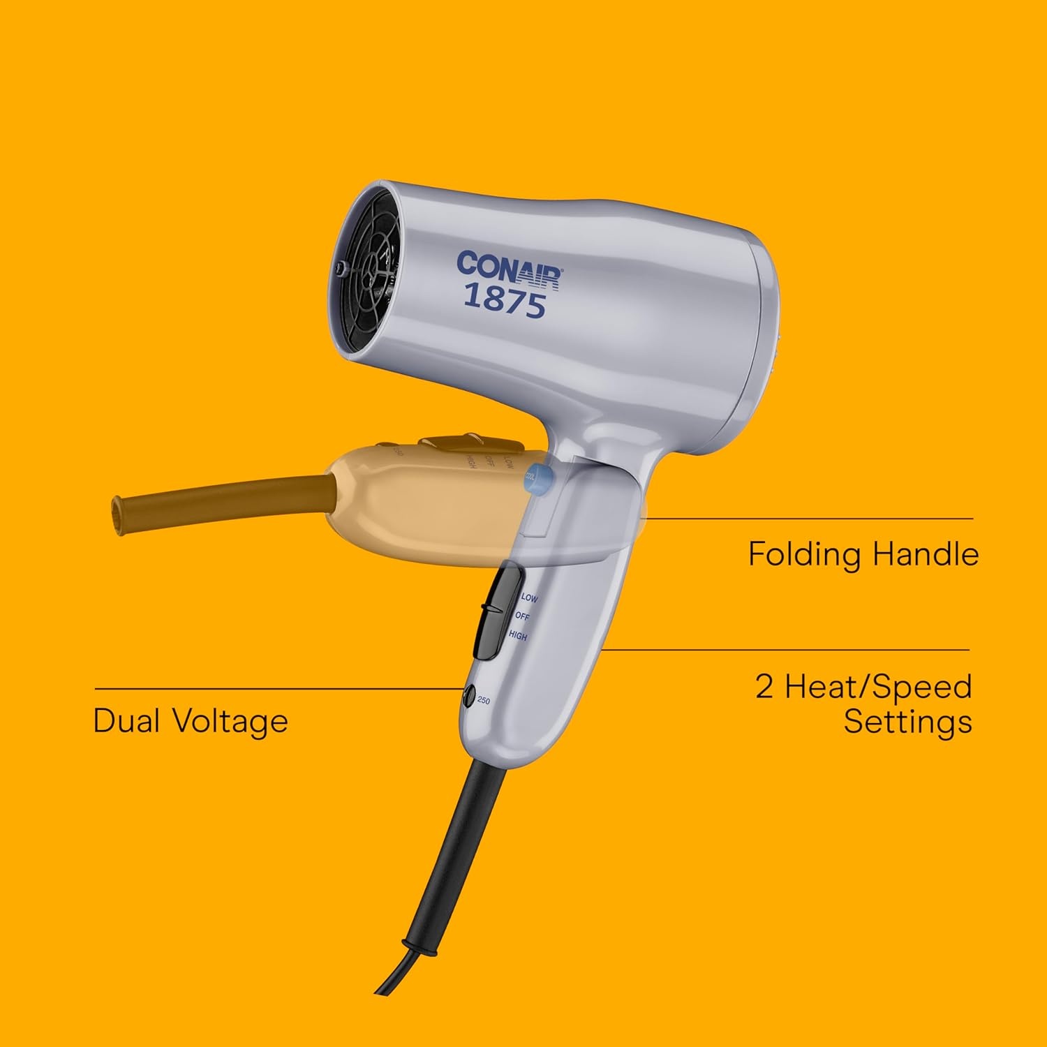 image:imageConair Compact Hair Dryer Travel Blow Dryer Folding Hair Dryers for Women 1875W Travel Hair Dryer Lightweight Hairdryer Dual Voltage Hair Dryer for World Travel 2 Heat2 Speed Cool Shot Grey1 Count Pack of 1