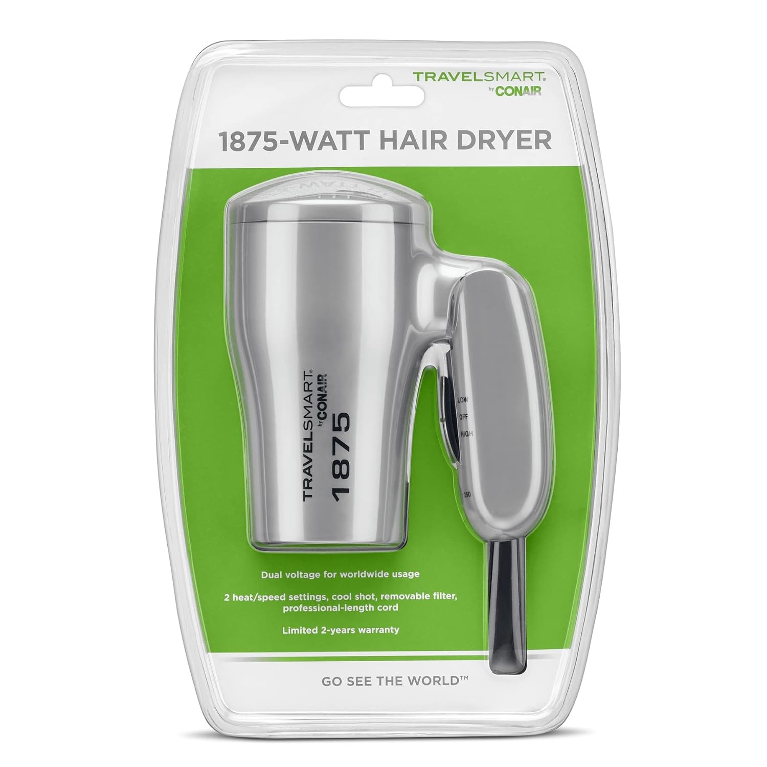 image:imageConair Compact Hair Dryer Travel Blow Dryer Folding Hair Dryers for Women 1875W Travel Hair Dryer Lightweight Hairdryer Dual Voltage Hair Dryer for World Travel 2 Heat2 Speed Cool Shot Grey1 Count Pack of 4