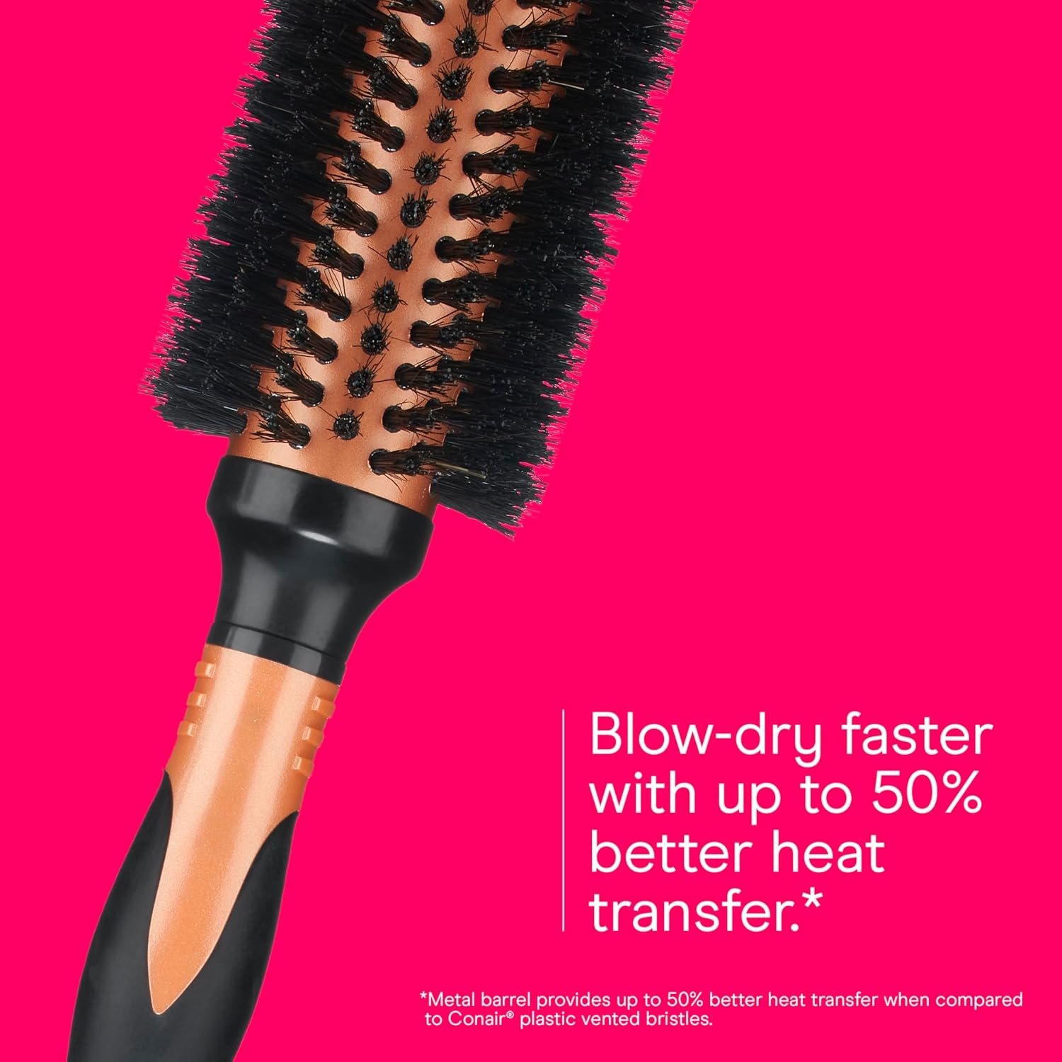 image:imageConair Copper Pro Mixed Boar Bristle Round Hair Brush with Medium Barrel CopperCoated Metal for Even Heat Distribution Natural Oil Distributing Bristles Ideal for Smoothing Wavy or Curly Hair