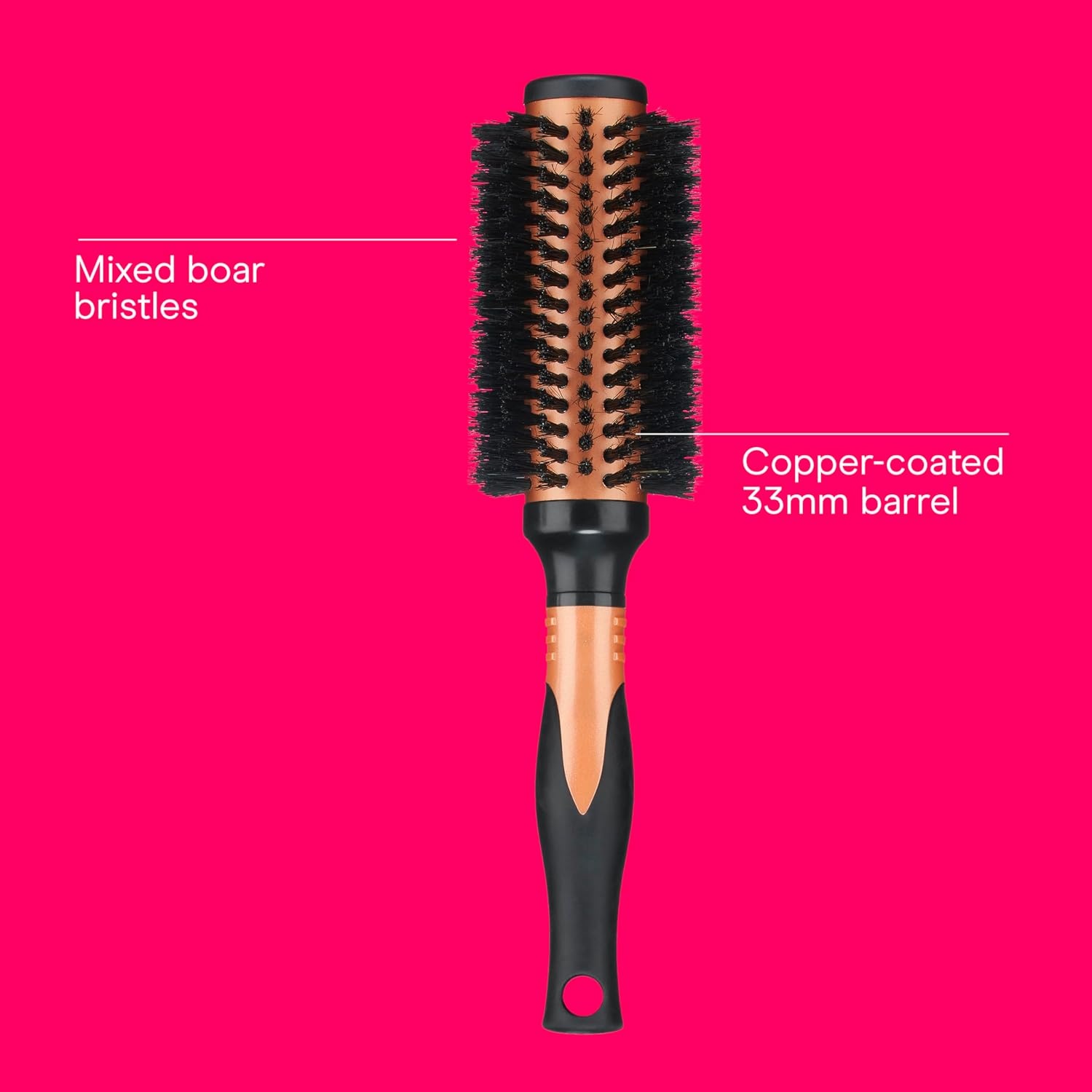 image:imageConair Copper Pro Mixed Boar Bristle Round Hair Brush with Medium Barrel CopperCoated Metal for Even Heat Distribution Natural Oil Distributing Bristles Ideal for Smoothing Wavy or Curly Hair