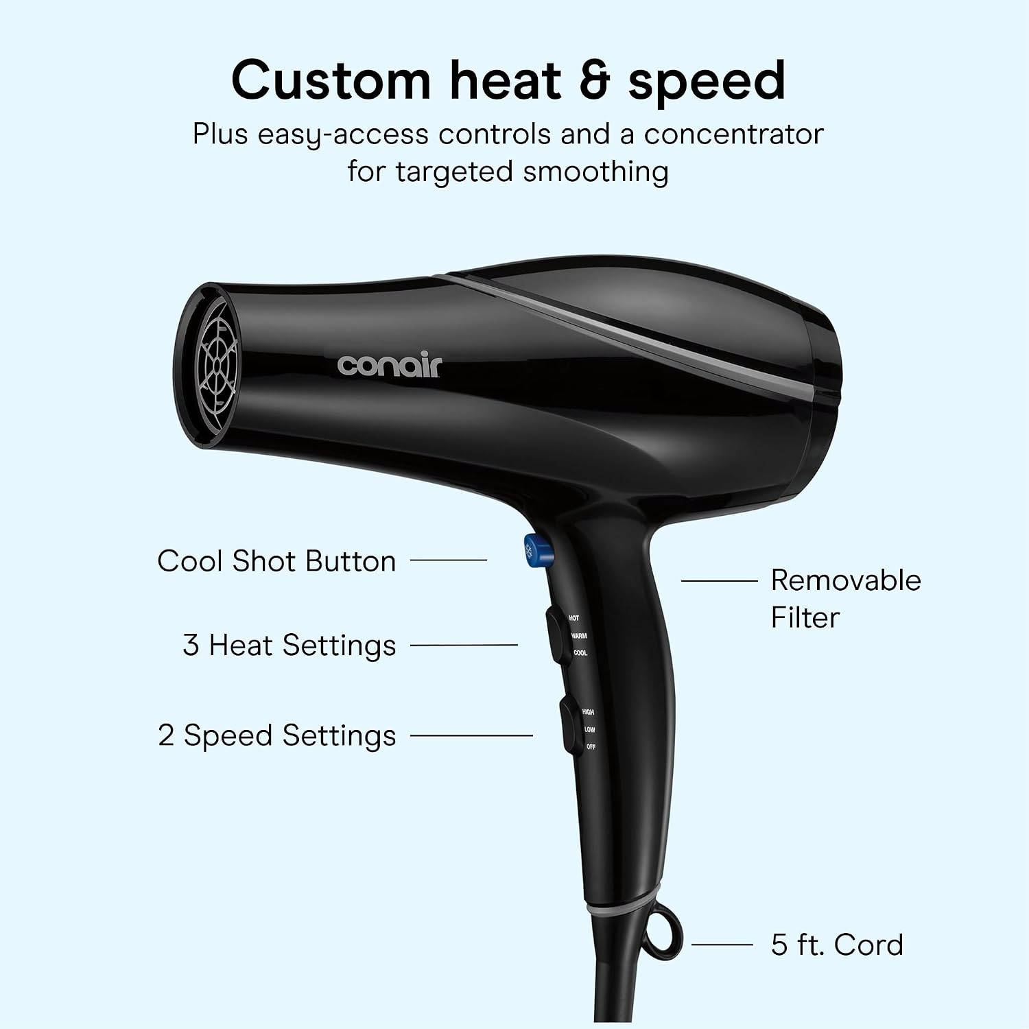 image:imageConair Crystal Infused Ceramic Hair Dryer Fast Drying Crystal Infused Ceramic Technology for Fine Medium Thick and Curly Hair Black 1901 Count Pack of 1