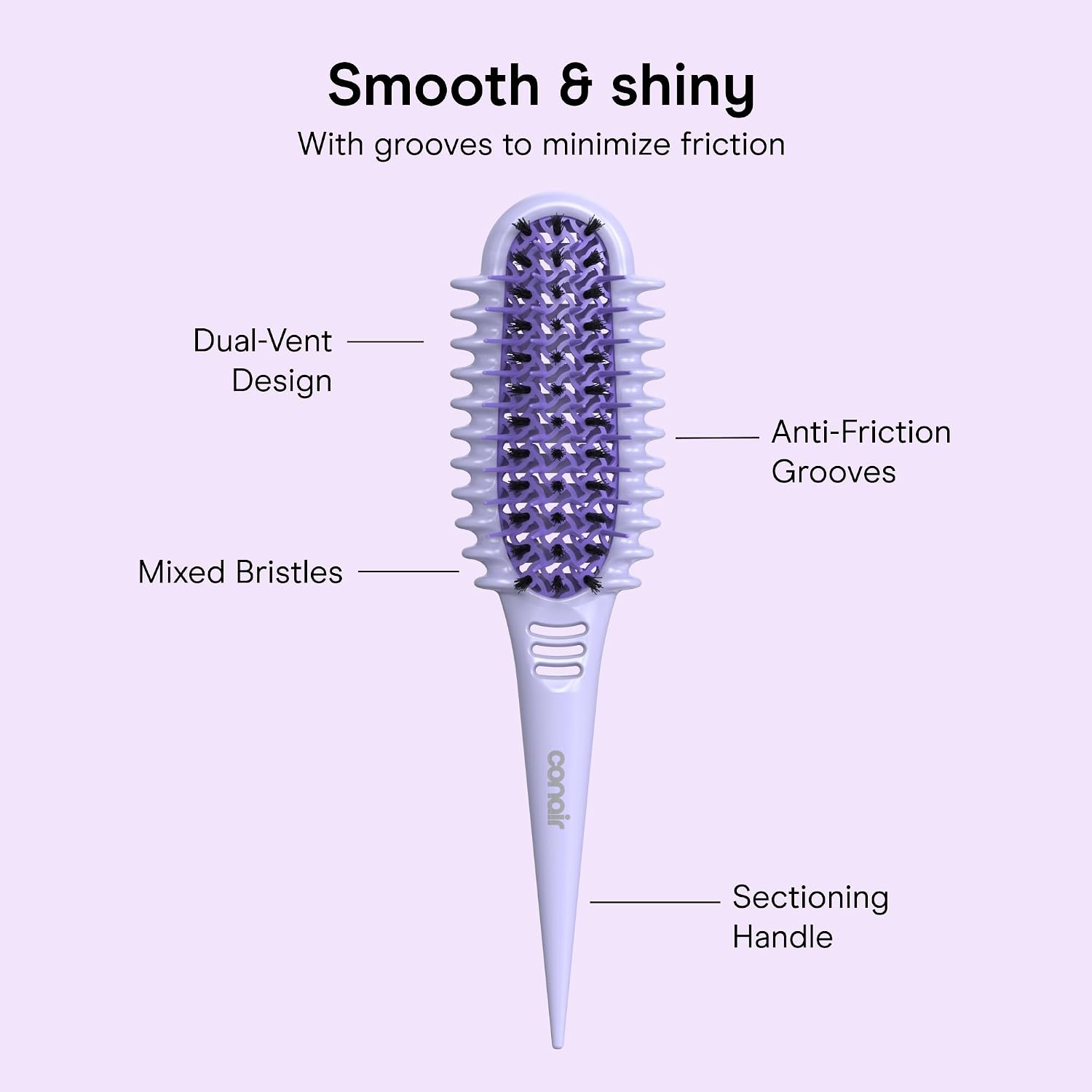 image:imageConair Curl Define Pro Detangler Brush for Curly Hair Dual Vents with Continuous Grooves Mixed Bristles for FrizzFree Detangling Smoothing and Curl Definition For Shorter Hair with Tight CurlsPurple