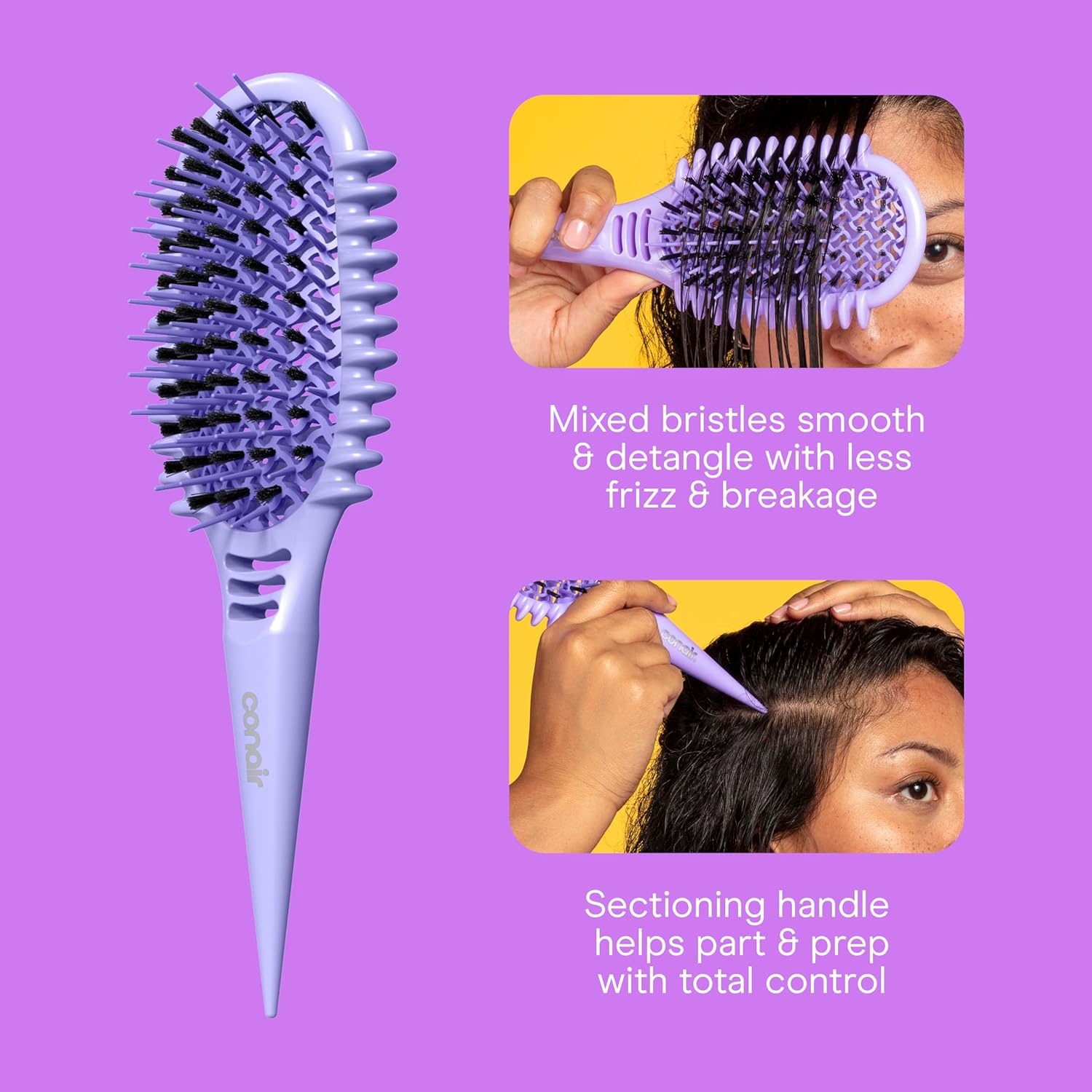 image:imageConair Curl Define Pro Large and Mini Detangler Brush Set for Loose Curls DualVent Design Curl Defining Brush with Continuous Grooves and Mixed Bristles Hairbrush Set for Long Hair Styling Purple