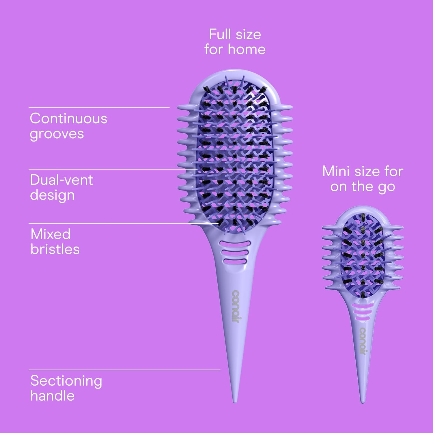 image:imageConair Curl Define Pro Large and Mini Detangler Brush Set for Loose Curls DualVent Design Curl Defining Brush with Continuous Grooves and Mixed Bristles Hairbrush Set for Long Hair Styling Purple