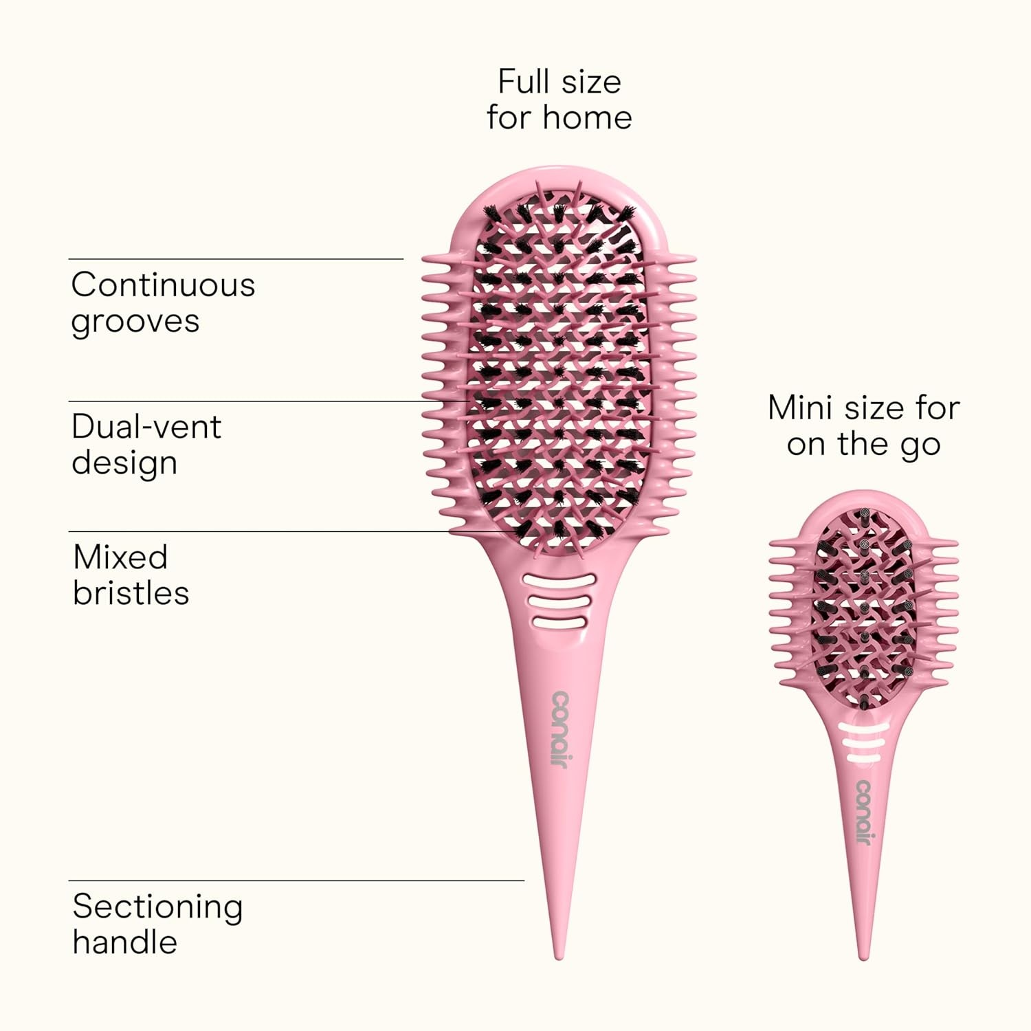 image:imageConair Curl Define Pro Large and Mini Detangler Brush Set for Tight Curls DualVent Design Curl Defining Brush with Continuous Grooves and Mixed Bristles Hairbrush Set for Long Hair Styling Pink