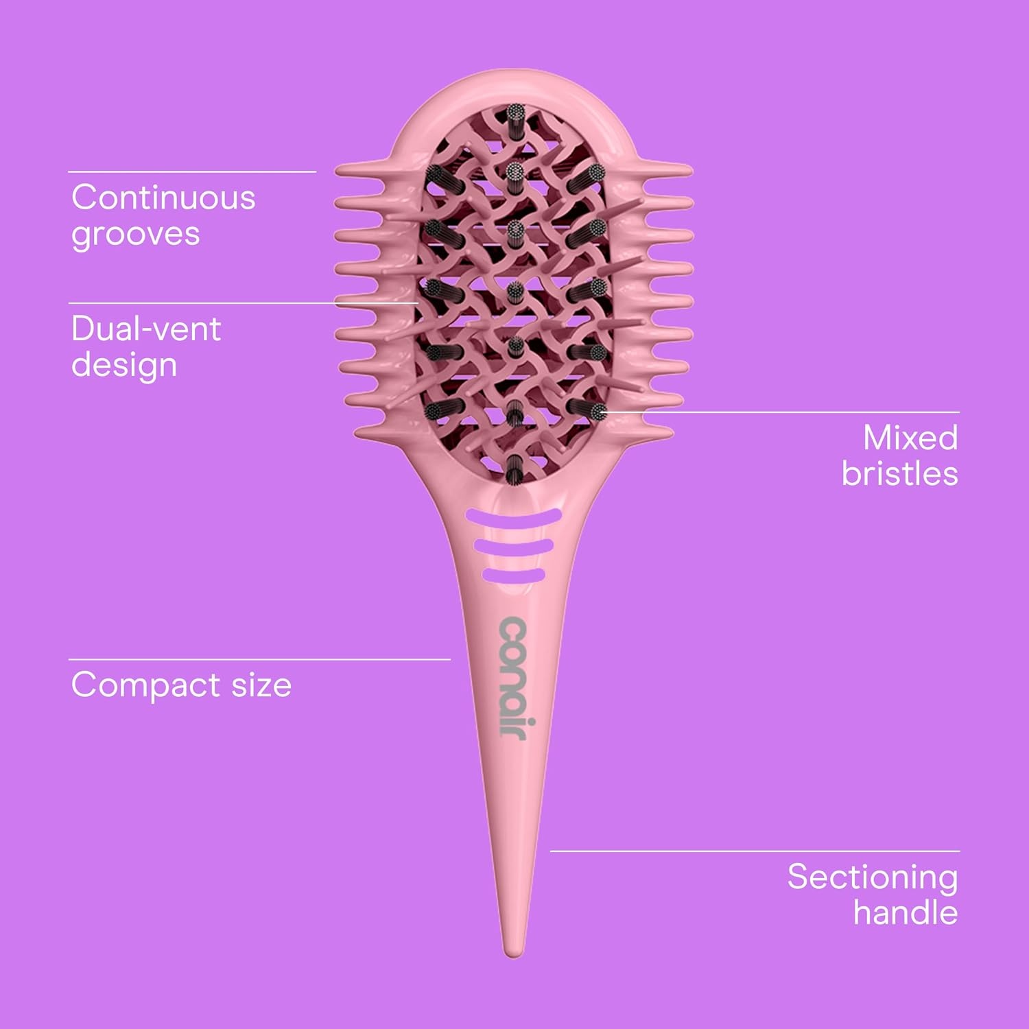 image:imageConair Curl Define Pro Mini Detangler Brush for Loose Curls DualVent Design Curl Defining Brush with Continuous Grooves Mixed Bristles for FrizzFree Detangling Smoothing and Definition PurplePink