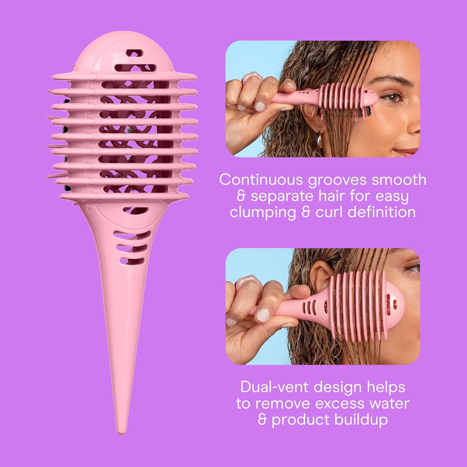 image:imageConair Curl Define Pro Mini Detangler Brush for Loose Curls DualVent Design Curl Defining Brush with Continuous Grooves Mixed Bristles for FrizzFree Detangling Smoothing and Definition PurplePink