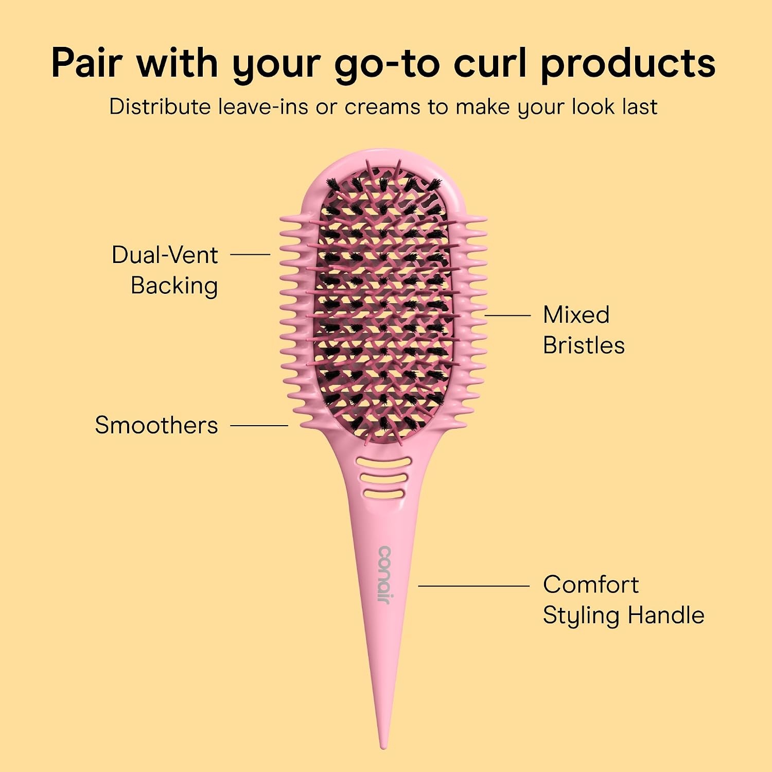 image:imageConair Detangler Curly Hair Brush Curl Define Pro for Enhancing and Detangling Loose Curls and Long Hair Purple BR95707PUR2LPink
