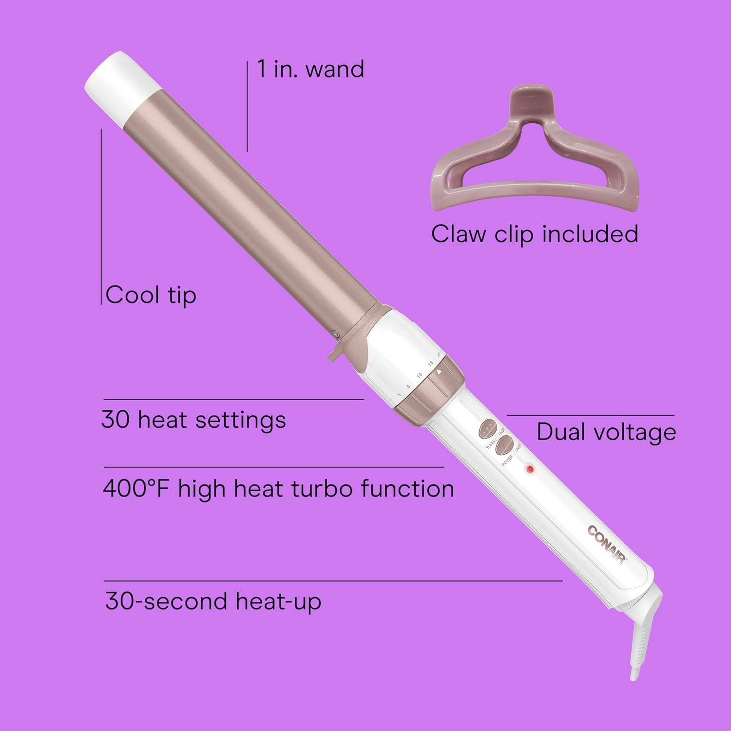 image:imageConair Double Ceramic 1In ClampFree Curling Wand Clampfree double 1in ceramic wand styles creasefree beachy waves on short to long hair WhiteRose Gold CD705L13White