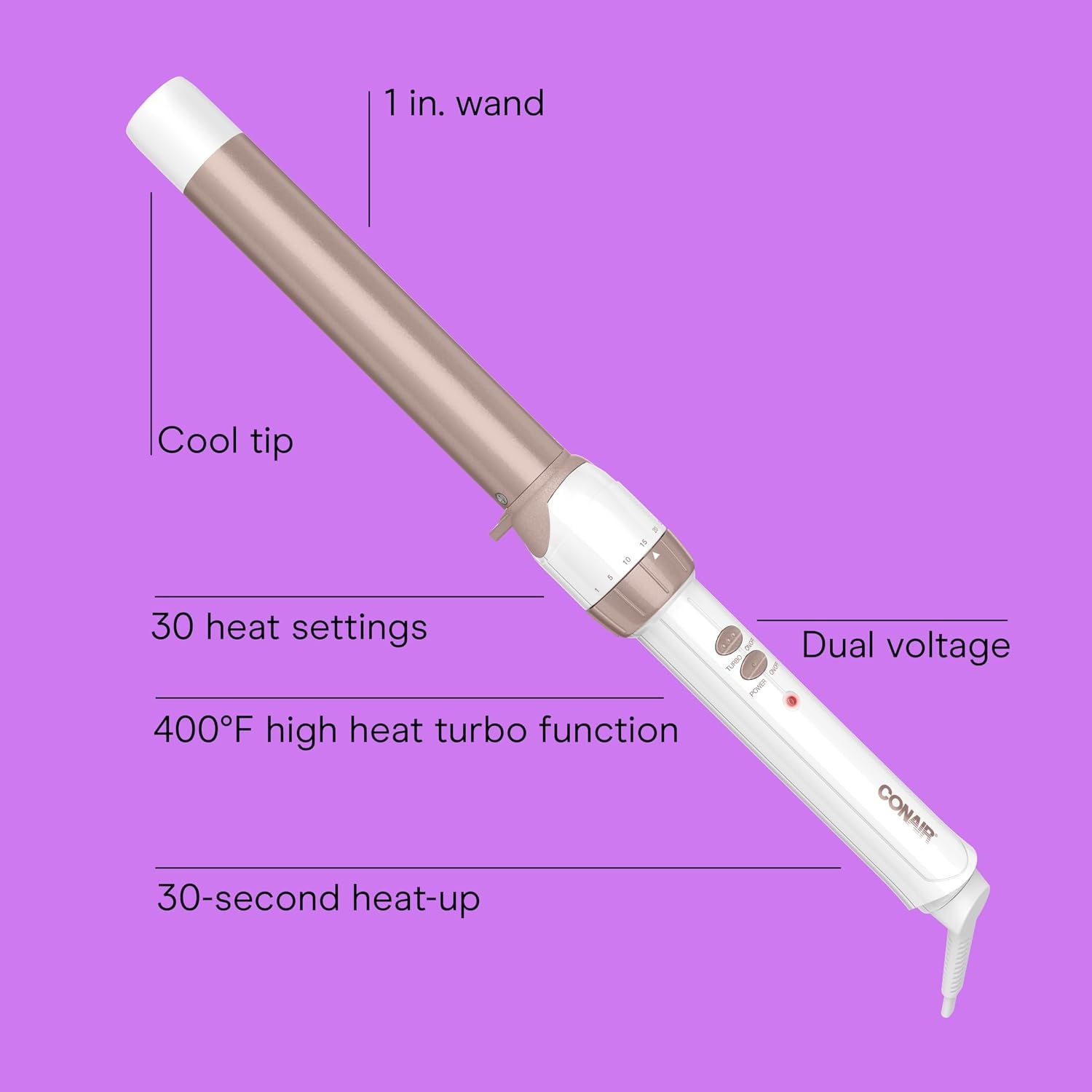 image:imageConair Double Ceramic 1In ClampFree Curling Wand Clampfree double 1in ceramic wand styles creasefree beachy waves on short to long hair WhiteRose Gold CD705L13White