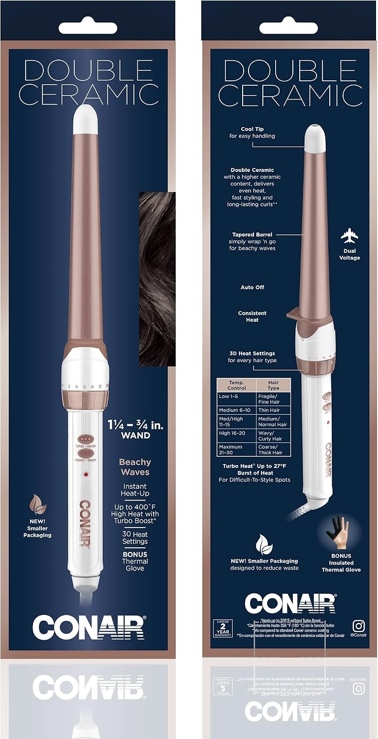 image:imageConair Double Ceramic 1In ClampFree Curling Wand Clampfree double 1in ceramic wand styles creasefree beachy waves on short to long hair WhiteRose Gold CD705L13White