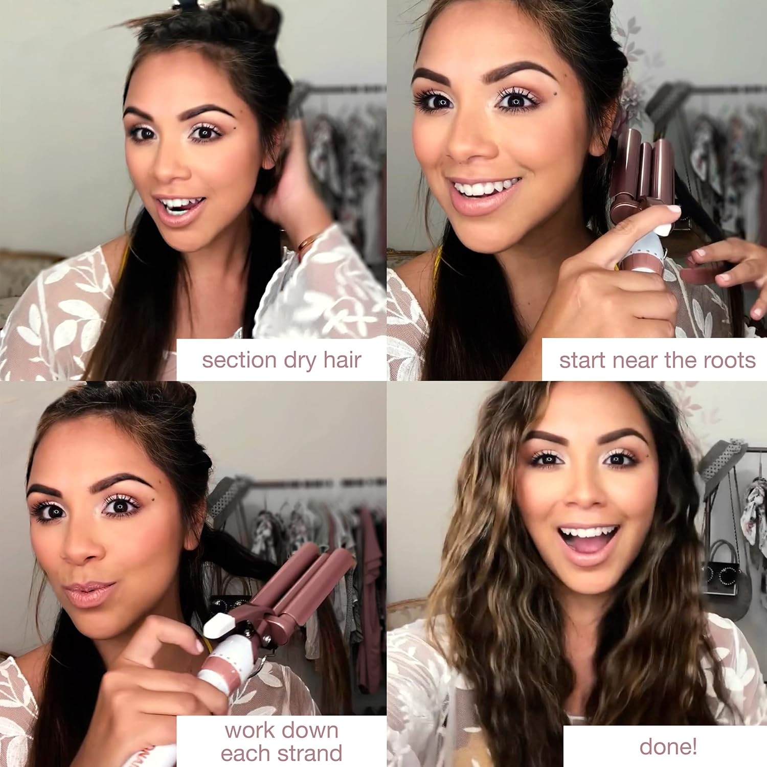 image:imageConair Double Ceramic 3 Barrel Curling Iron Triple Barrel Waver Hair Tool Creates Deep Continuous Waves Hair Curler for All Hair Lengths WhiteRose Gold1 Inch Pack of 3