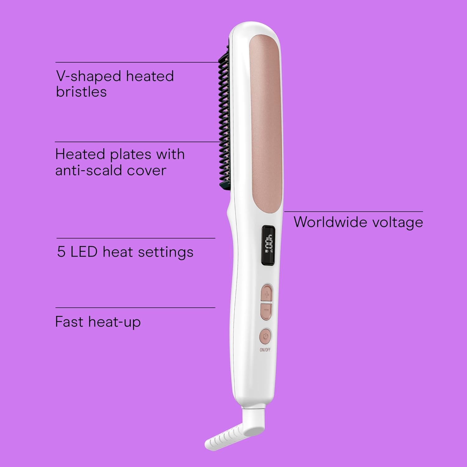image:imageConair Double Ceramic Hair Straightener Brush Heated Straightening Brush for Smooth Shiny Hair VShaped Heated Bristles for Closer Contact 5 LED Heat Settings Dual Voltage White15