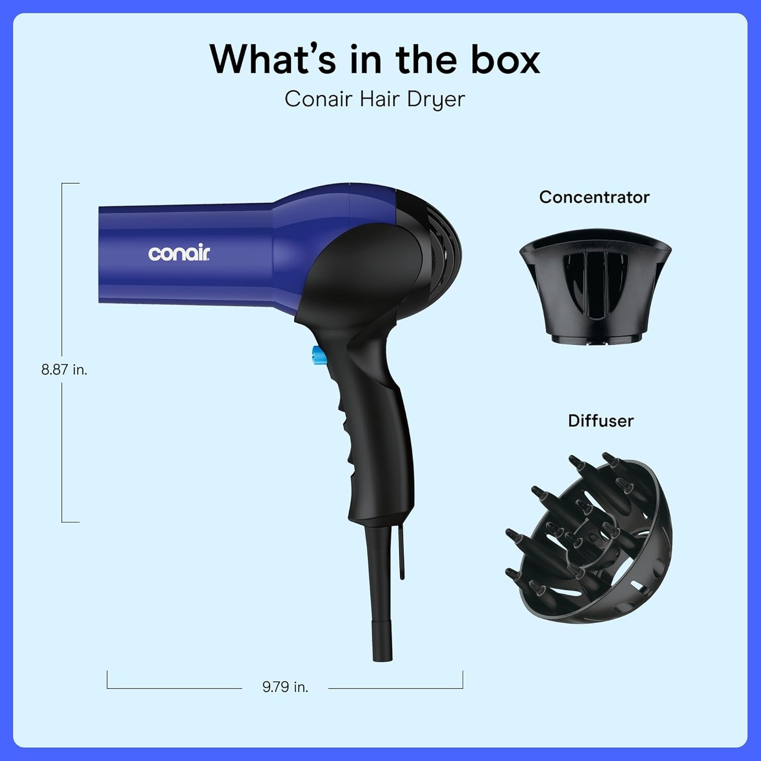 image:imageConair Fast Dry Lightweight Hair Dryer Powerful 1875W motor for thick and coarse hair includes diffuser amp concentrator attachments BlueBlack 146NXL3 Piece Set