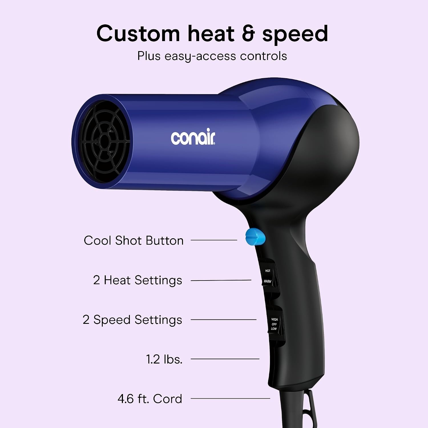 image:imageConair Fast Dry Lightweight Hair Dryer Powerful 1875W motor for thick and coarse hair includes diffuser amp concentrator attachments BlueBlack 146NXL3 Piece Set