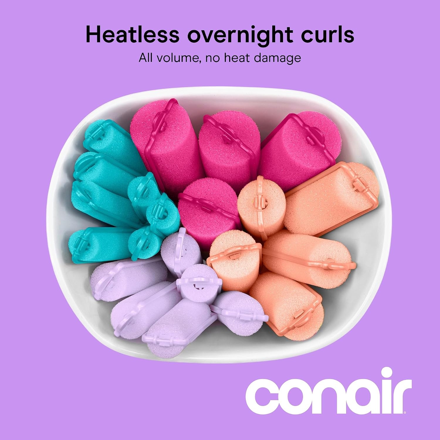 image:imageConair Foam Overnight Heatless Curls Hair Rollers Snapsshut overnight foam curlers for damagefree curls and volume Assorted Colors 48Count Model GR61118IN1L9Assorted