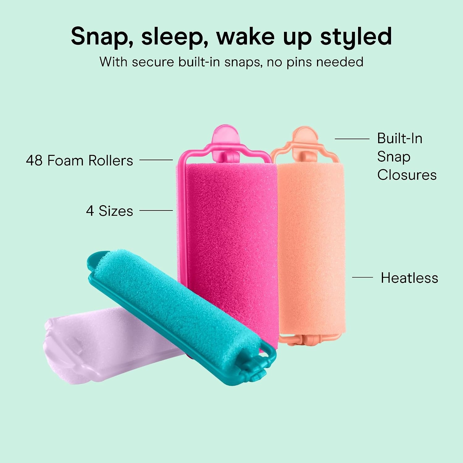 image:imageConair Foam Overnight Heatless Curls Hair Rollers Snapsshut overnight foam curlers for damagefree curls and volume Assorted Colors 48Count Model GR61118IN1L9Assorted
