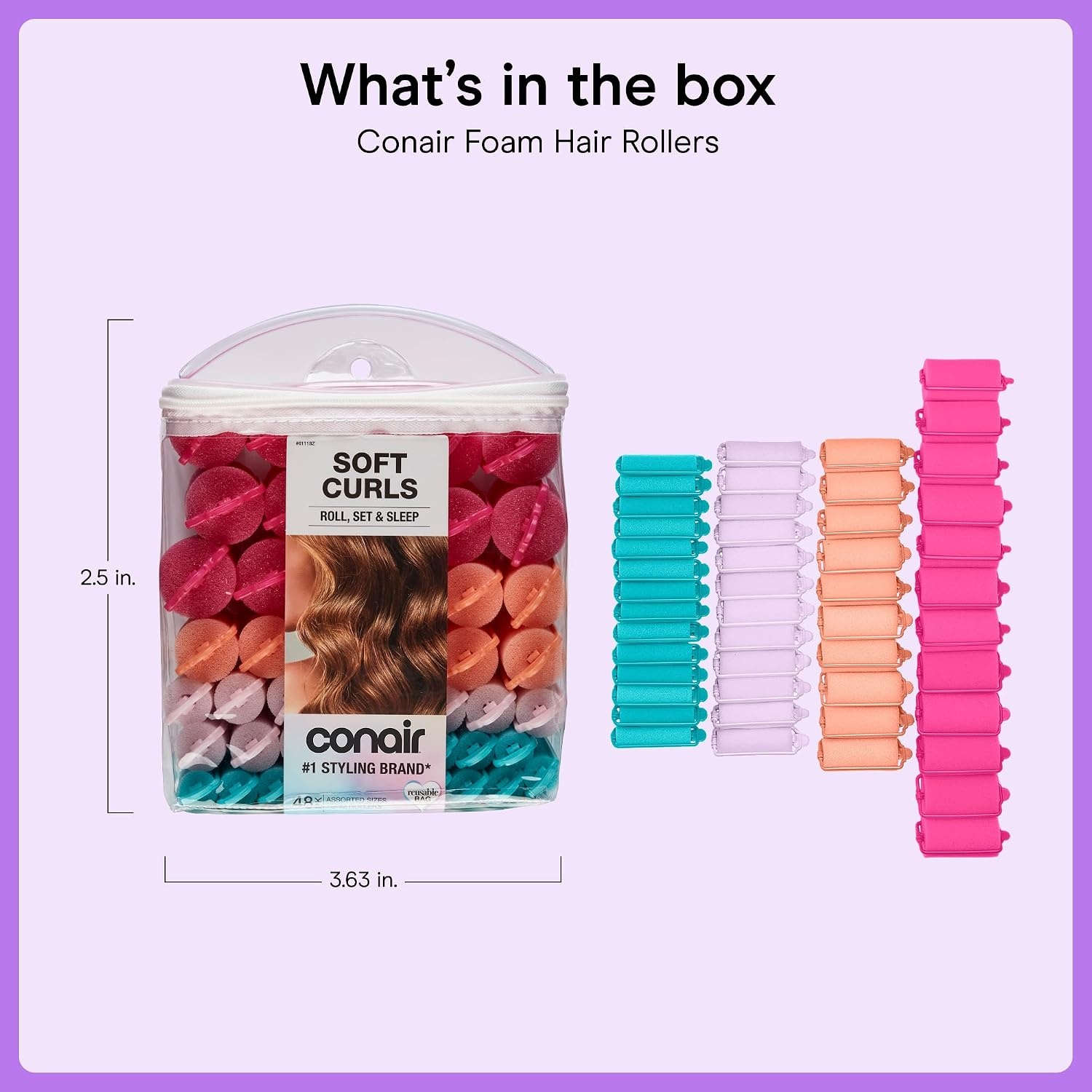 image:imageConair Foam Overnight Heatless Curls Hair Rollers Snapsshut overnight foam curlers for damagefree curls and volume Assorted Colors 48Count Model GR61118IN1L9Assorted