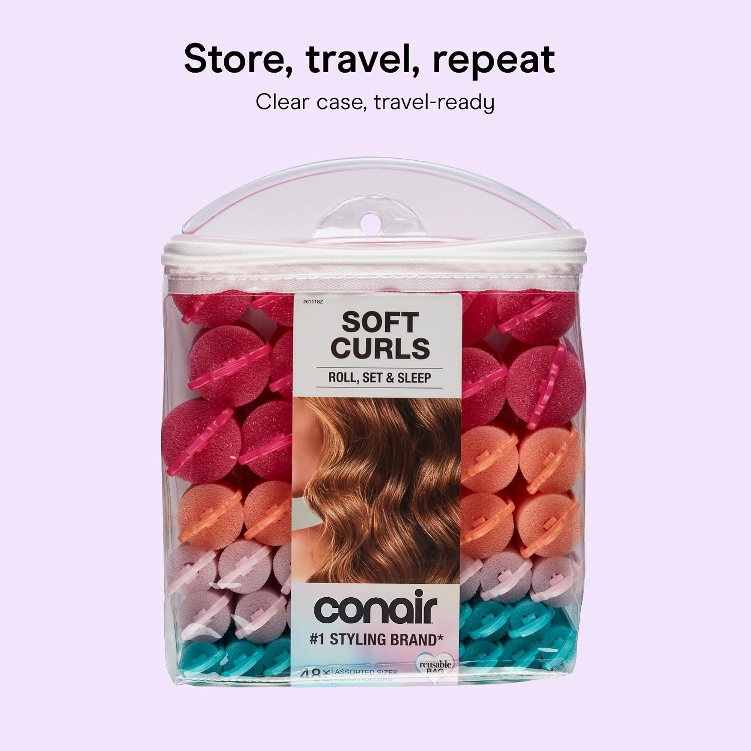 image:imageConair Foam Overnight Heatless Curls Hair Rollers Snapsshut overnight foam curlers for damagefree curls and volume Assorted Colors 48Count Model GR61118IN1L9Assorted