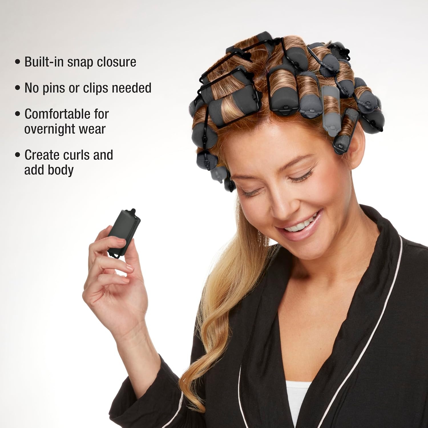 image:imageConair Foam Overnight Heatless Curls Hair Rollers Snapsshut overnight foam curlers for damagefree curls and volume Assorted Colors 48Count Model GR61118IN1L9Black Gray