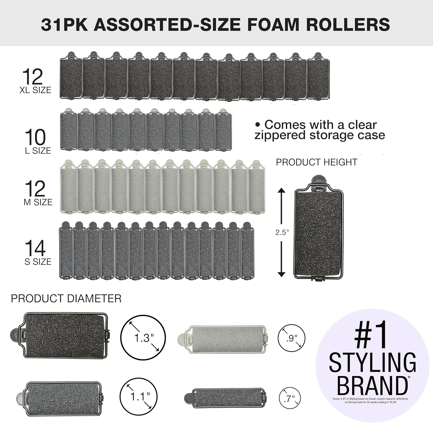 image:imageConair Foam Overnight Heatless Curls Hair Rollers Snapsshut overnight foam curlers for damagefree curls and volume Assorted Colors 48Count Model GR61118IN1L9Black Gray